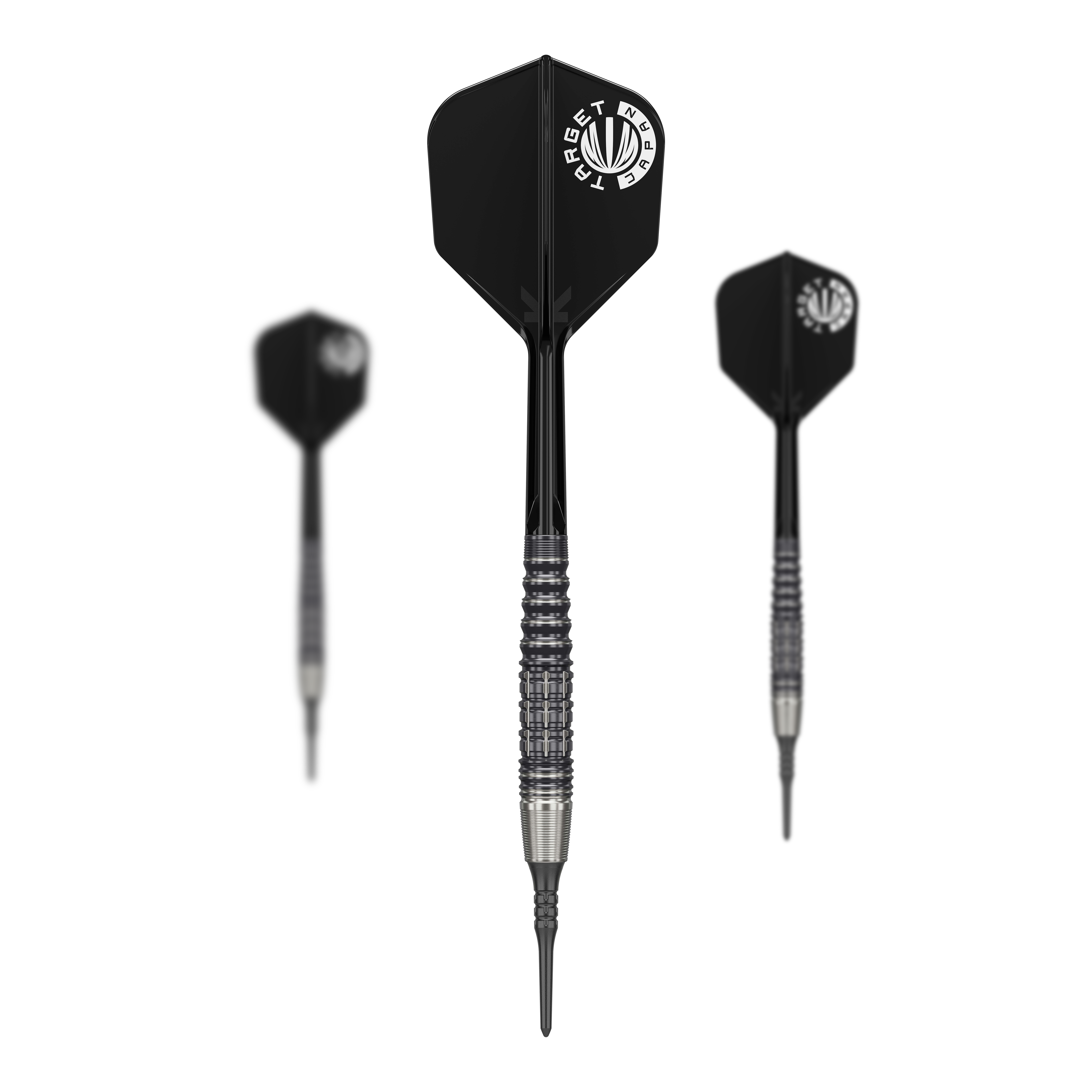 Dardos blandos Target Japan Prime Series Harold Ching GEN1 Zenith MAX - 21 g Das Bild zeigt drei schwarze Softdarts der Serie "Target Japan Prime Series Harold Ching GEN1 Zenith MAX" mit 21g Gewicht. Die Darts haben silberne Details am Griff und schwarze Flights mit weißem Logo.