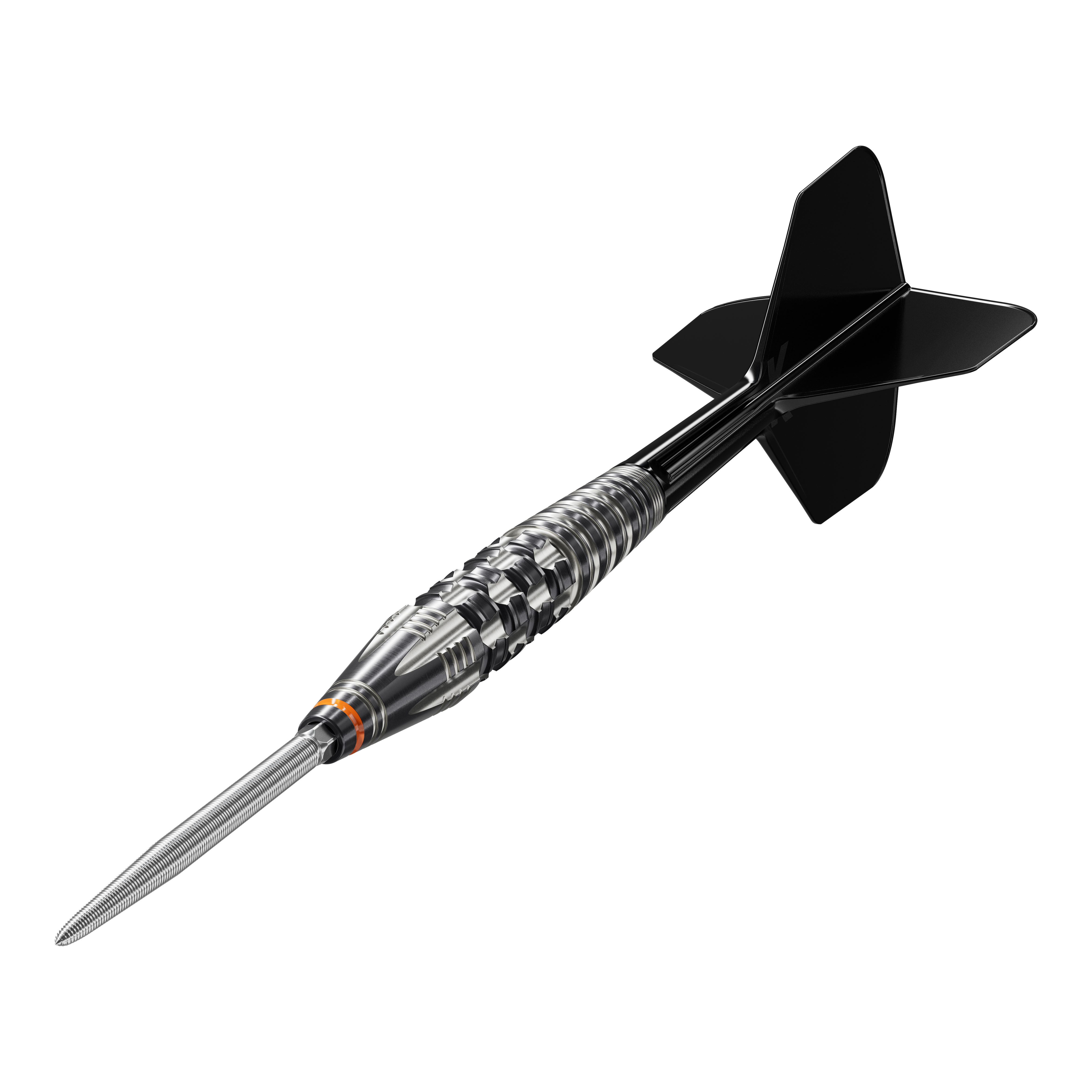 Dardos de acero Target Japan Black Marque Dancing Duck GEN 4 Das Bild zeigt einen Steeldartpfeil mit schwarzer Spitze und schwarzen Flights, genannt "Target Japan Black Marque Dancing Duck GEN 4 Steeldarts". Der Dartpfeil hat ein silbernes, glänzendes Griffstück mit feinen Rillen und Gravuren.