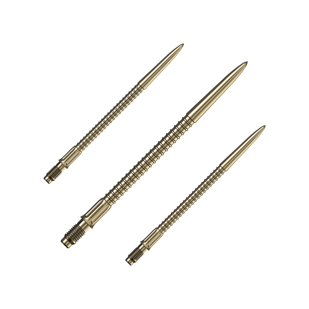 Puntas de dardo Mission R2.5 Rapid Point GV1 - Oro Das Bild zeigt ein Set goldener Dartspitzen Mission R25 Rapid Point mit einer Länge von 40mm. Die Spitzen liegen nebeneinander auf einer hellen Fläche.