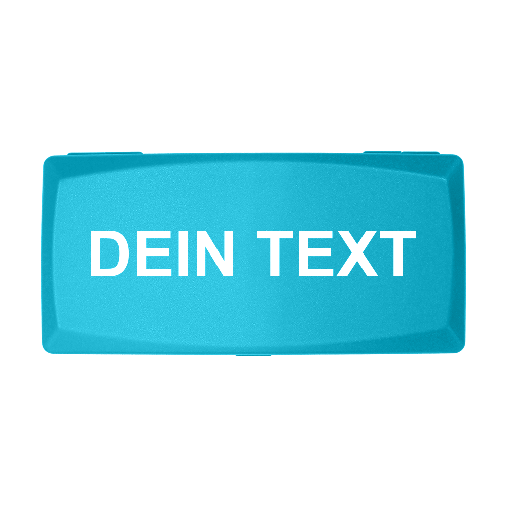 Caja de ABS con impresión personalizada Die Abbildung zeigt eine himmelblaue Box mit der Aufschrift "DEIN TEXT" in weißer Schrift. Die Box hat eine rechteckige Form und einen schlichten, modernen Look.