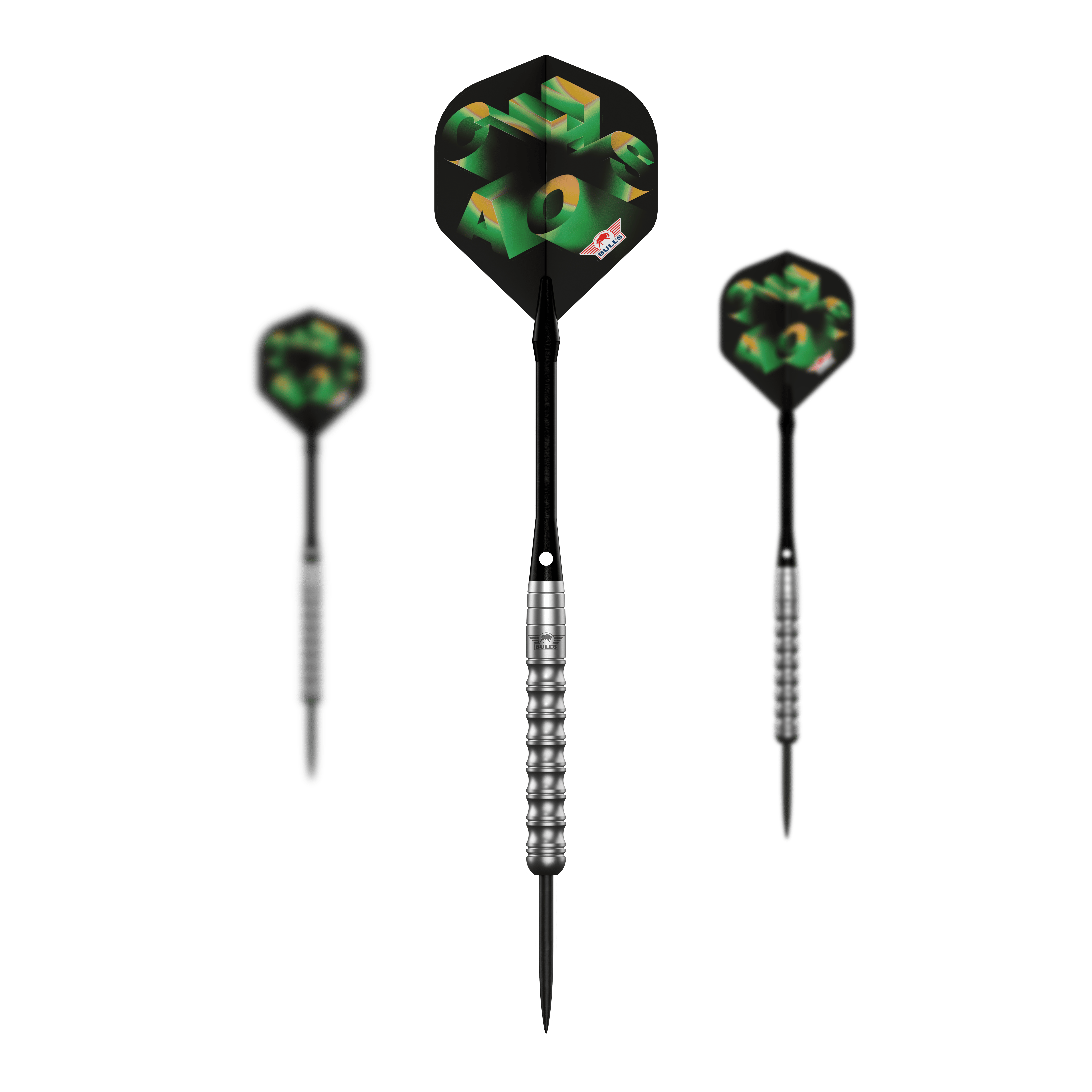 Dardos Bulls NL Chaos de acero verde - 24 g Abgebildet ist das komplette Set der Bulls NL Chaos Green Steeldarts - 24g. Das Set enthält mehrere grüne Steeldarts.