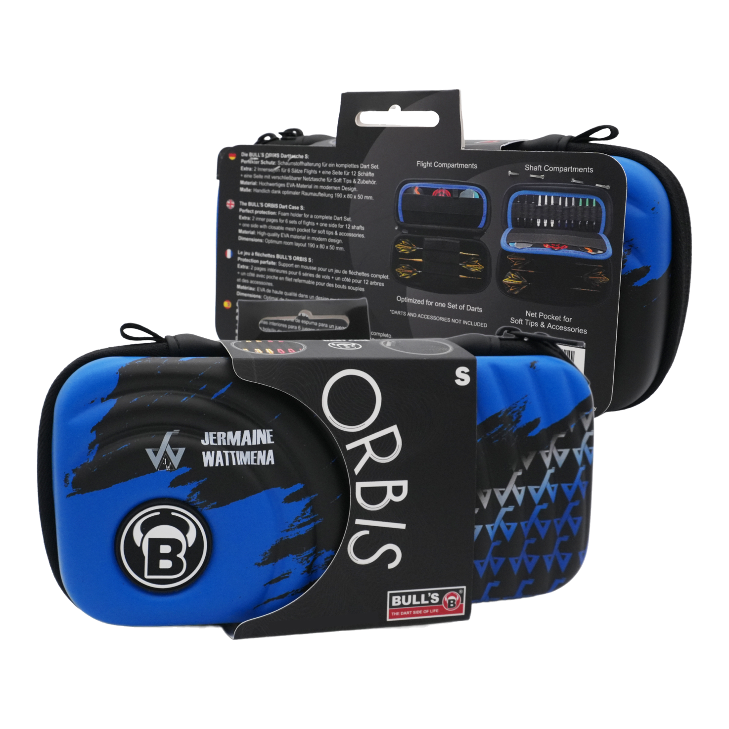 Estuche para dardos Bulls Orbis S Jermaine Wattimena Das Bild zeigt das Produkt "Bulls Orbis S Jermaine Wattimena Dartcase" in blauer und schwarzer Farbe. Die Darttasche ist kompakt und eignet sich zum sicheren Aufbewahren von Dartzubehör.