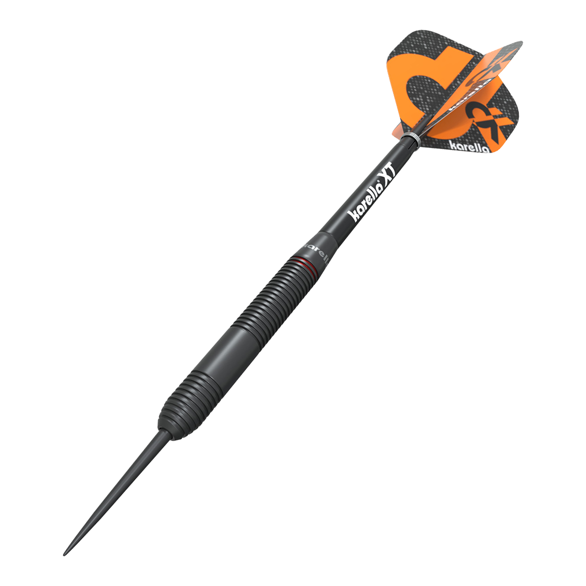 Dardos de acero Karella Daniel Klose Das Bild zeigt einen Karella Daniel Klose Steeldart. Der Dartpfeil ist schwarz mit orangem Flights und hat ein modernes Design.