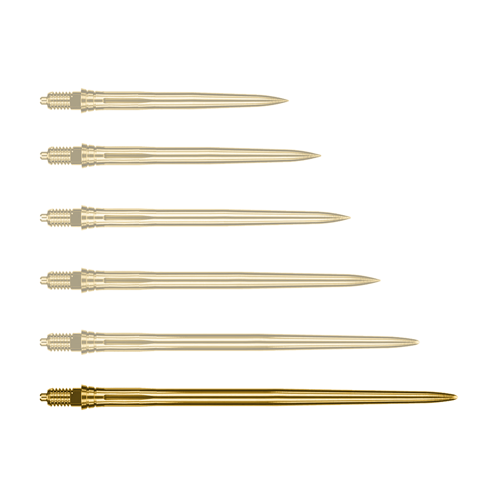 Auf dem Bild ist eine einzelne goldene Dartspitze mit 50 mm Länge zu sehen. Die Spitze ist glatt gestaltet.