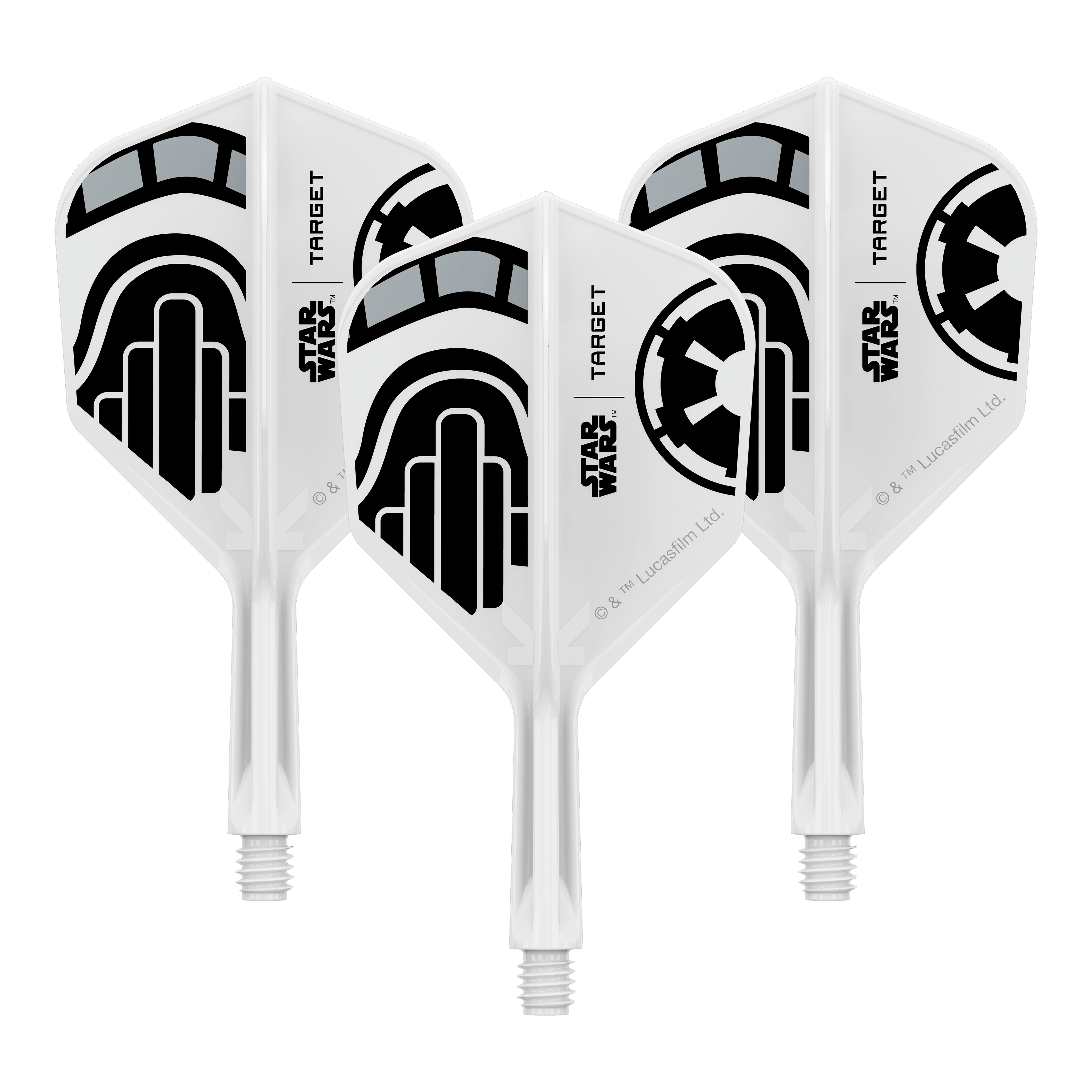 Ein Set von Dart-Flights der Star Wars KFlex Stormtrooper No6 Serie ist dargestellt. Die Flights sind kurz und 19 mm lang.