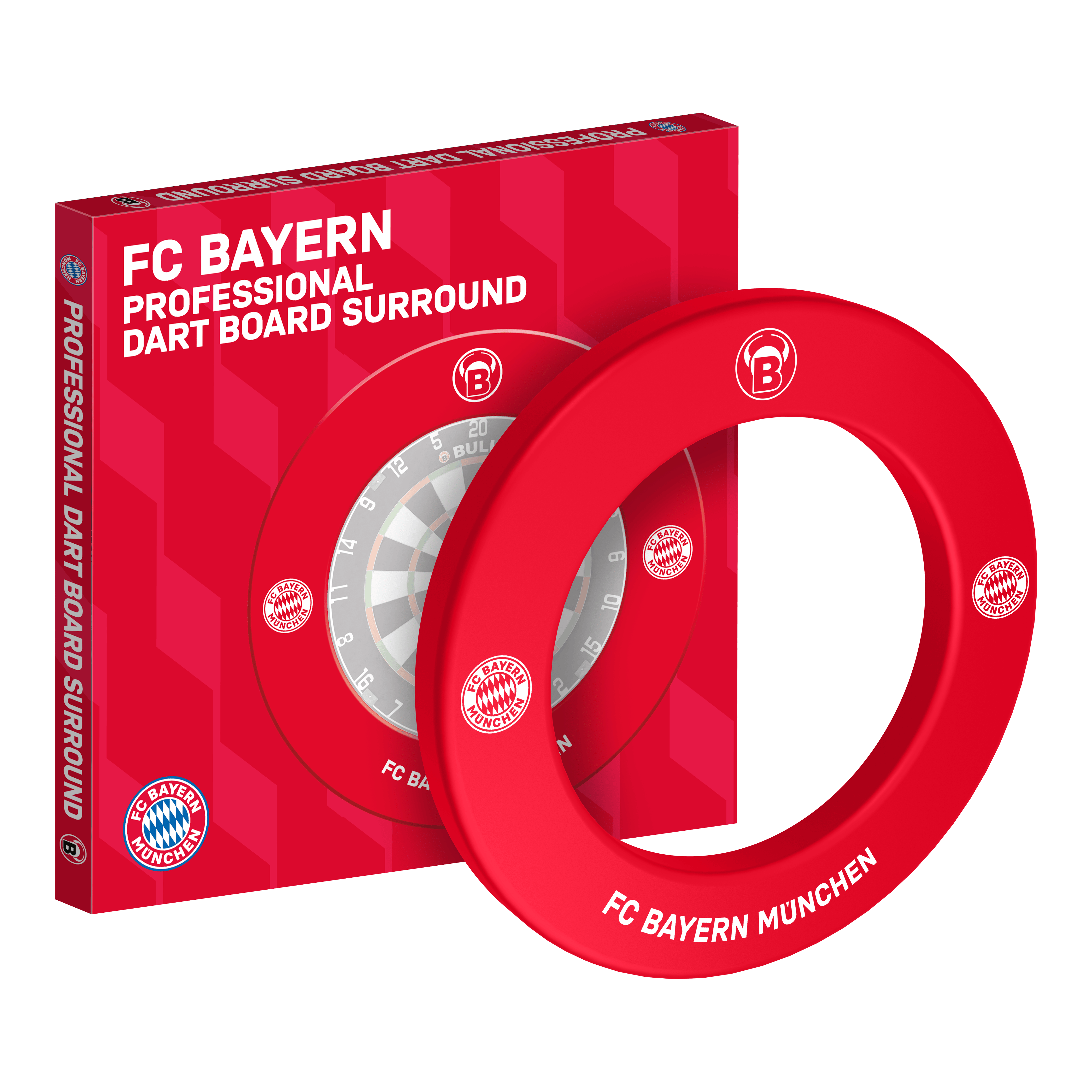 Borde de diana premium del Bulls FC Bayern Munich Abgebildet ist das Bulls FC Bayern München Premium Dartboard Surround. Die Dartboard-Umrandung ist im Stil des FC Bayern München gestaltet.
