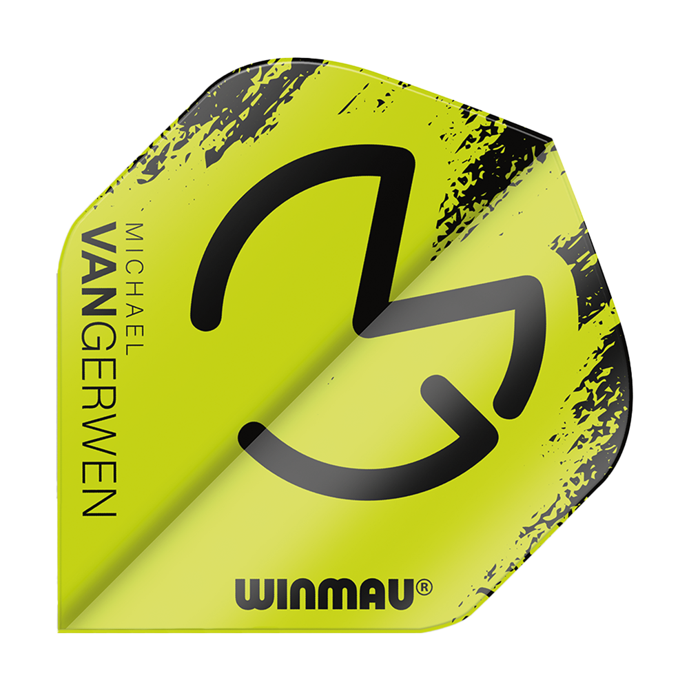 6900-232_Winmau_Mega_MvG_Black_Green_Standard_Flights_1sXWZZ3esEqClU Das Bild zeigt ein Dart-Flügel (Flight) in leuchtendem Grün mit schwarzem Design und dem Logo von Winmau. Auf der linken Seite steht der Name "Michael van Gerwen".