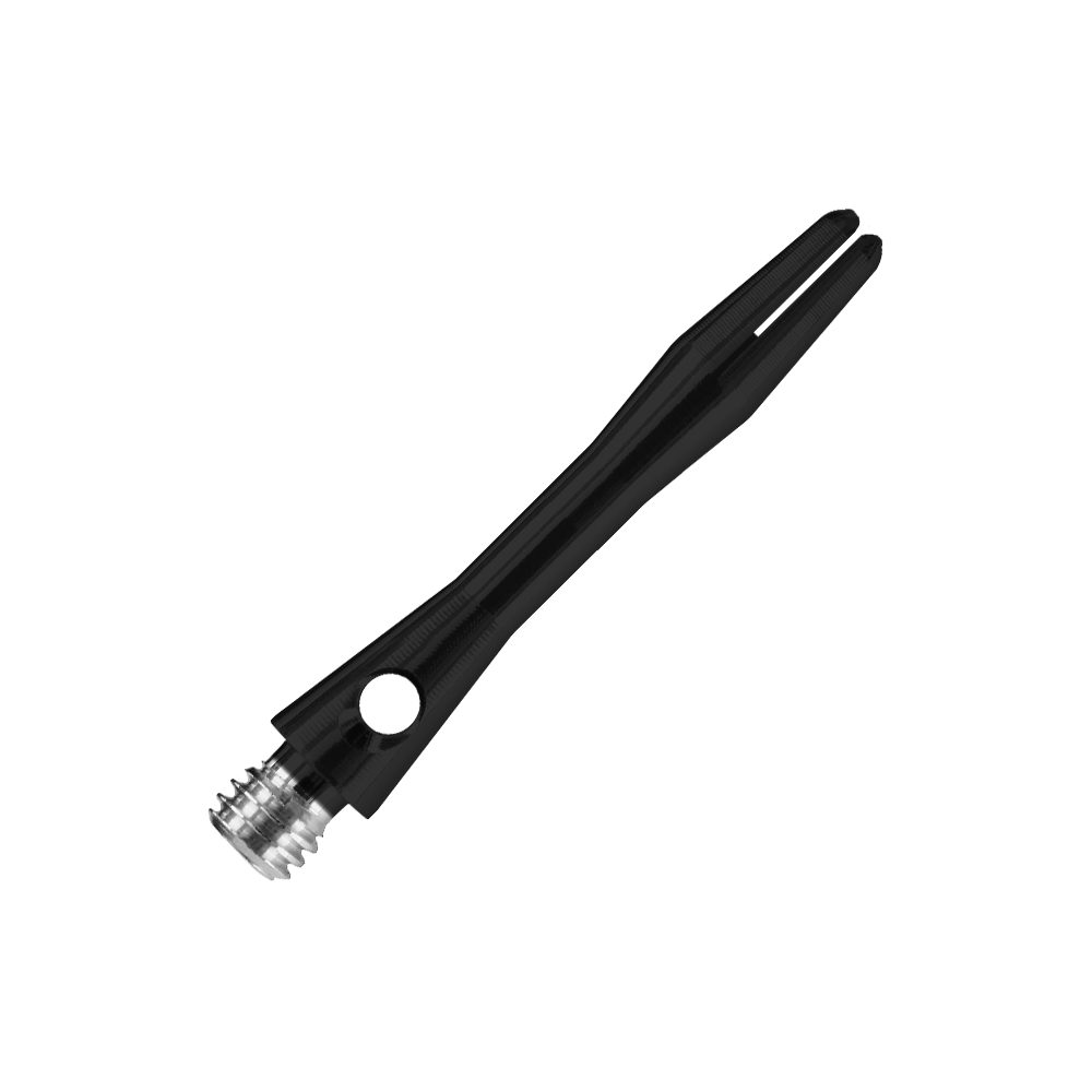 HR366_Harrows_Keramic_Shafts_Schwarz_35mm_2 Das Bild zeigt einen Harrows Keramic Shaft in mattem Schwarz. Der Schaft hat ein elegantes, glattes Design mit einem silbernen Gewinde am Ende.
