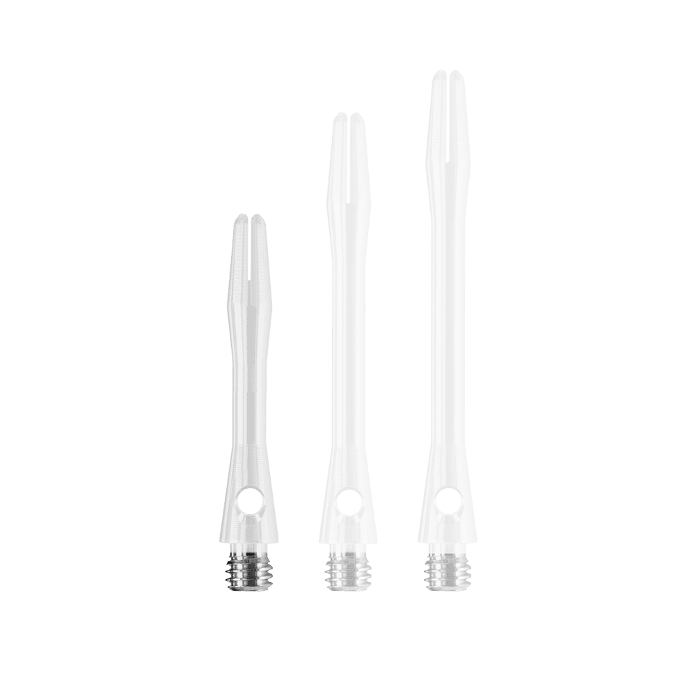 HR372_Harrows_Keramic_Shafts_Weiss_35mm_1Asshol9Pqv9zd Das Bild zeigt drei weiße Harrows Keramic Shafts in unterschiedlichen Längen. Sie haben jeweils ein silbernes Gewinde am unteren Ende.