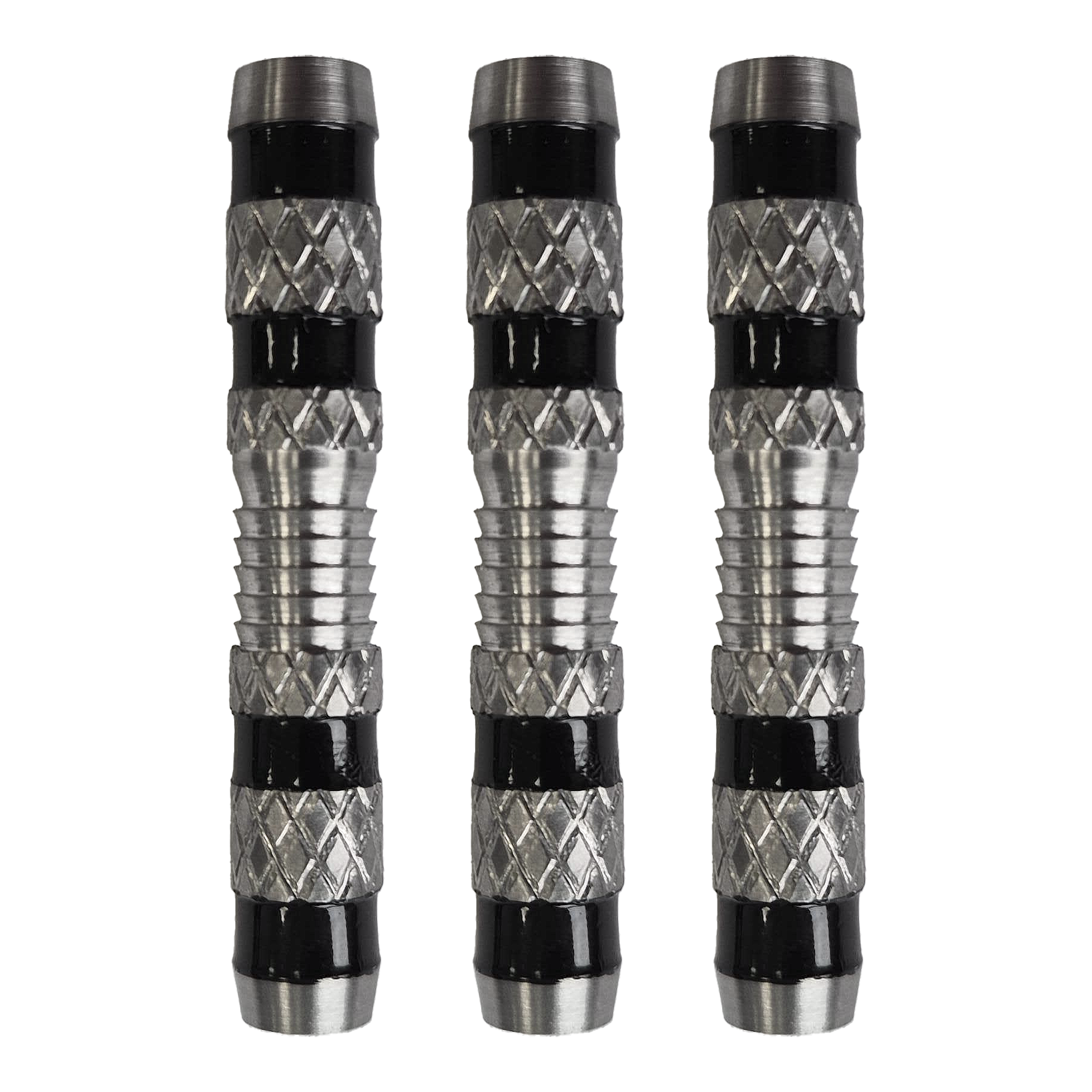 Dardos McDart con mango moleteado y barriles blandos - 18 g Das Bild zeigt drei silberne Softdart-Barrels mit einem geriffelten Griff und schwarzen Rillen. Es handelt sich um das Produkt „McDart Knurled Grip Softdart-Barrels - 18g“.