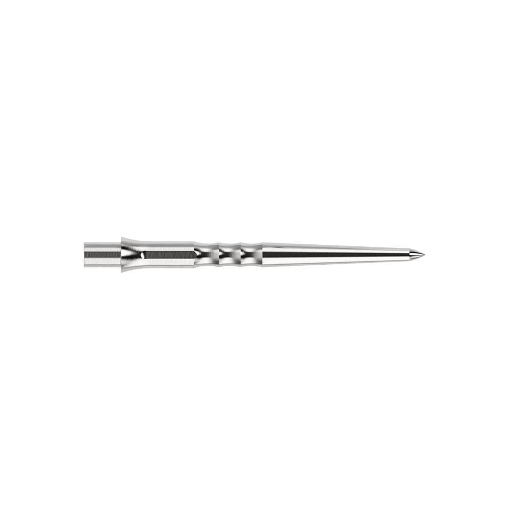 Puntas de dardos de acero Caliburn System - Ondulación - Sin labio - Plateadas Das Bild zeigt eine silberne Caliburn Evo System Steeldartspitze Ripple NoLip, 28 mm lang. Die Spitze ist einzeln abgebildet.