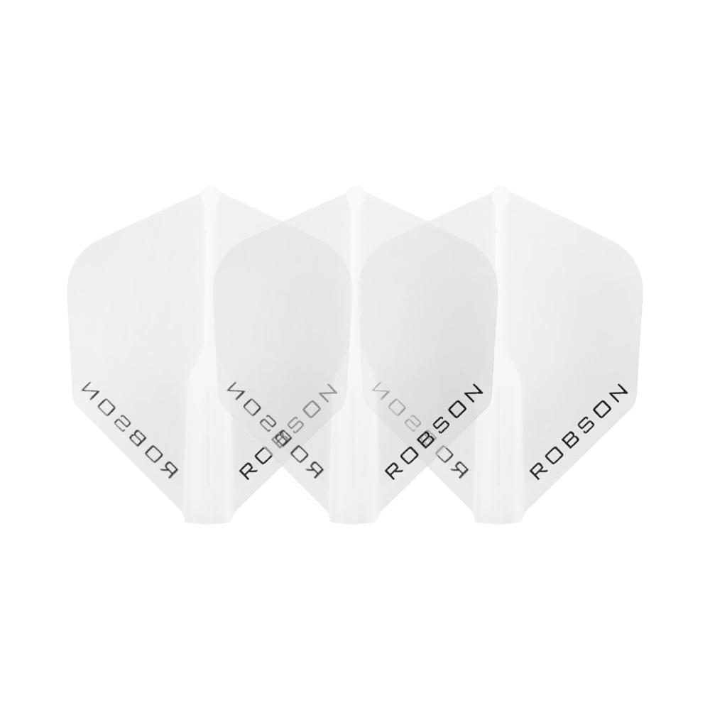 Plumas Robson Plus - Estándar Das Bild zeigt drei klare Dart-Flights der Marke Robson. Die Flights sind nebeneinander angeordnet und tragen den Schriftzug "ROBSON".