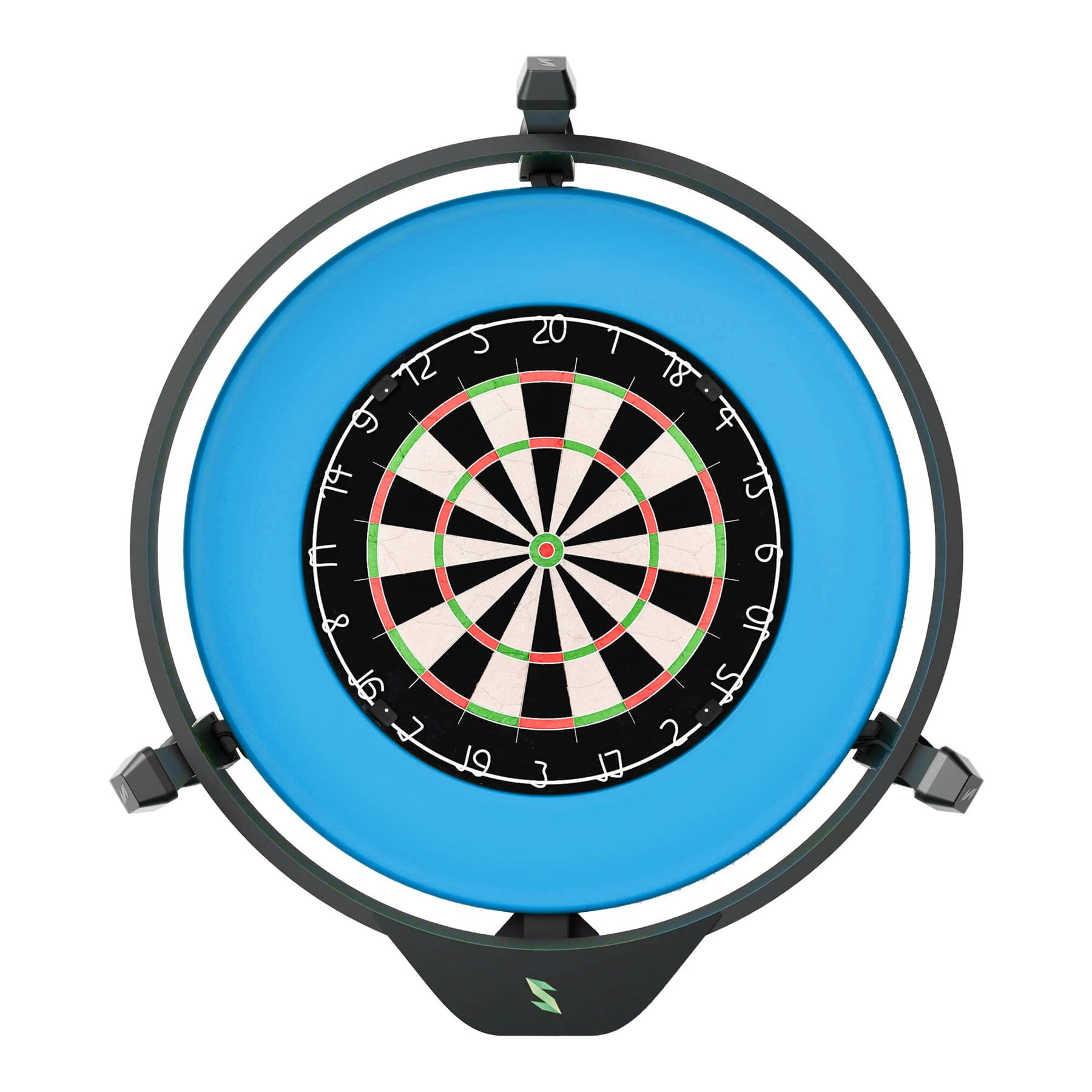 Scolia Home 2 FLEX - Sistema electrónico de puntuación automática con anillo de iluminación 2026 Dieses Bild zeigt das Produkt "Scolia Home 2 FLEX - Elektronisches Score-System mit Beleuchtungsring". In der Mitte befindet sich eine Dartscheibe, die von einem leuchtenden blauen Ring umgeben ist.