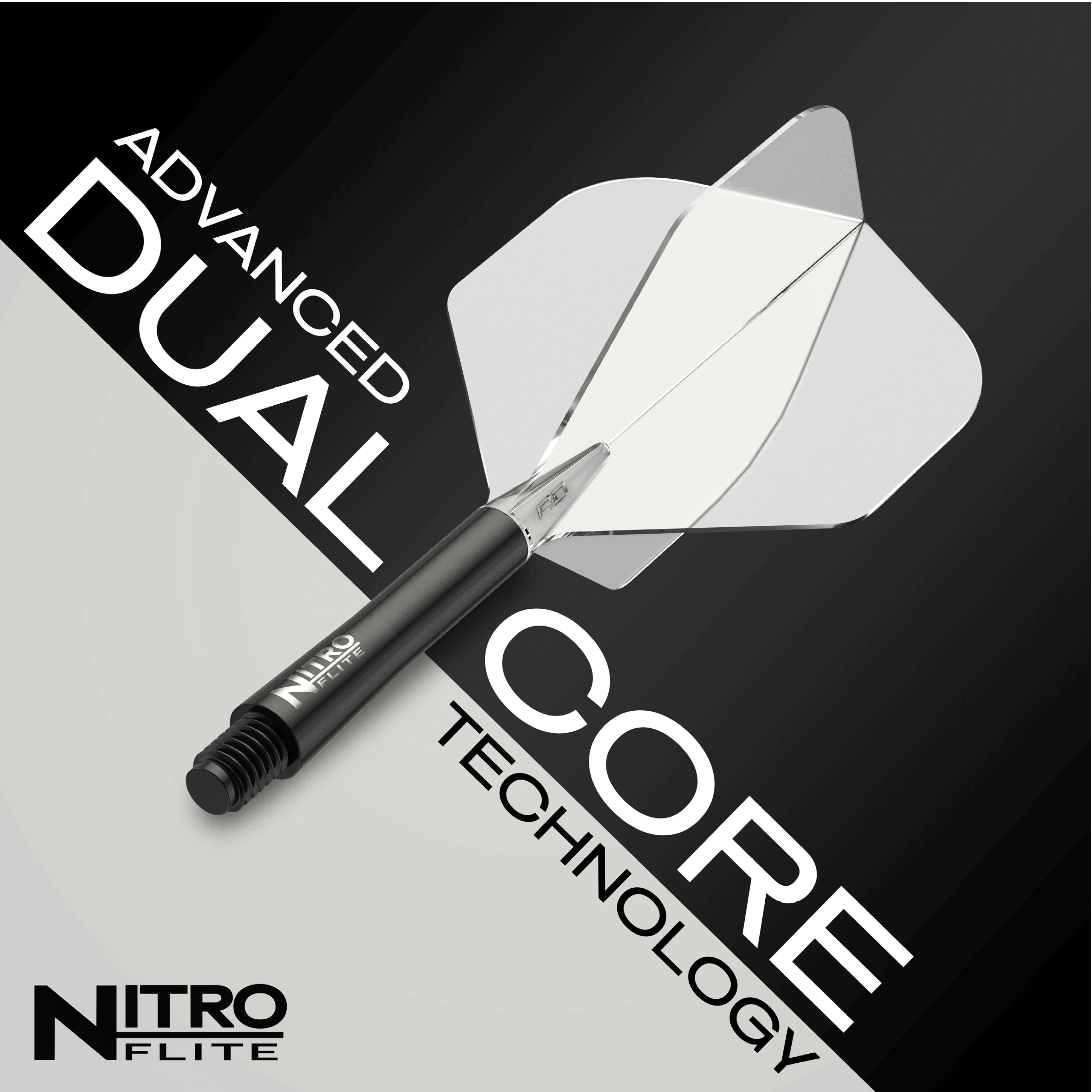 Das Bild zeigt das Produkt "Red Dragon Nitroflite - Black Shaft Clear No2 Flights". Es hebt die fortschrittliche Dual-Core-Technologie hervor.