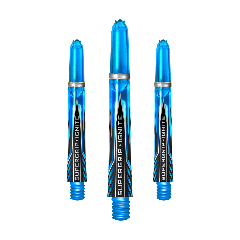 HR387_Harrows_Supergrip_Ignite_Shafts_Aqua_40mm_1jkB8UAa5JHZ2Y Das Bild zeigt drei blaue Harrows Supergrip Ignite Shafts in der Farbe Aqua. Die Schrift "SUPERGRIP IGNITE" ist auf jedem Schaft zu sehen.