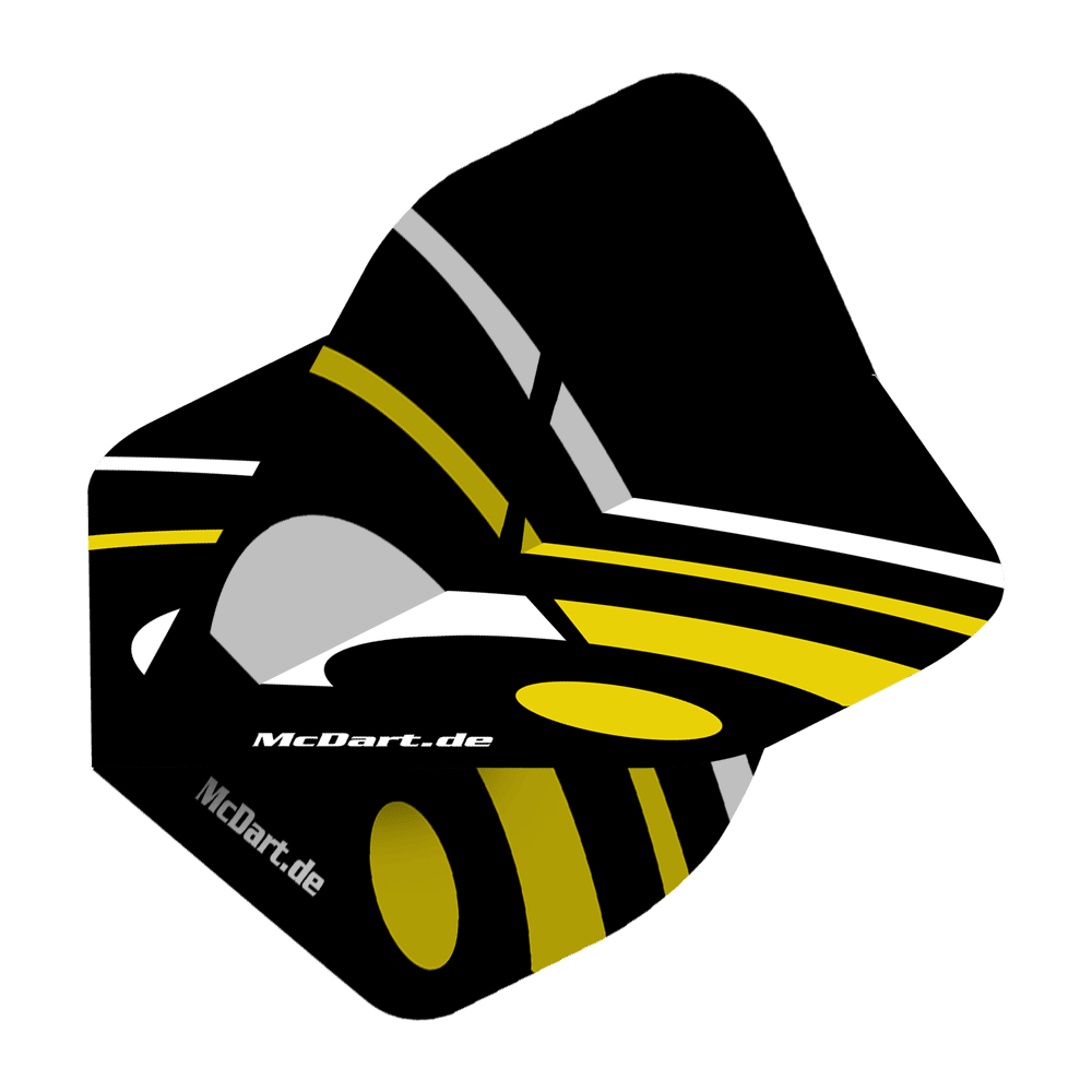 Vuelos estándar McDart ID - Amarillo Das Bild zeigt einen McDart ID Standard Flight in Gelb mit schwarzen, gelben und grauen Designelementen. Auf dem Flight steht der Schriftzug "McDart.de".