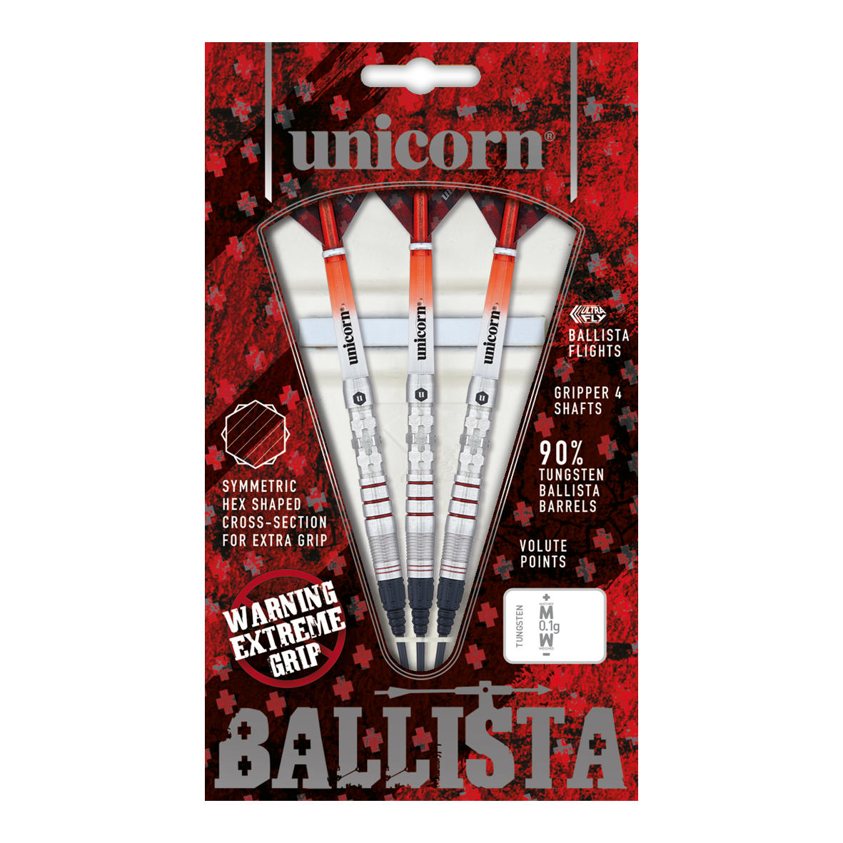 Dardos suaves estilo Ballista Unicorn 3 Das Bild zeigt eine Packung "Unicorn Ballista Style 3 Softdarts" mit drei Dartpfeilen. Die Verpackung hebt das symmetrische Hex-Muster für zusätzlichen Grip und 90% Tungsten-Barrels hervor.