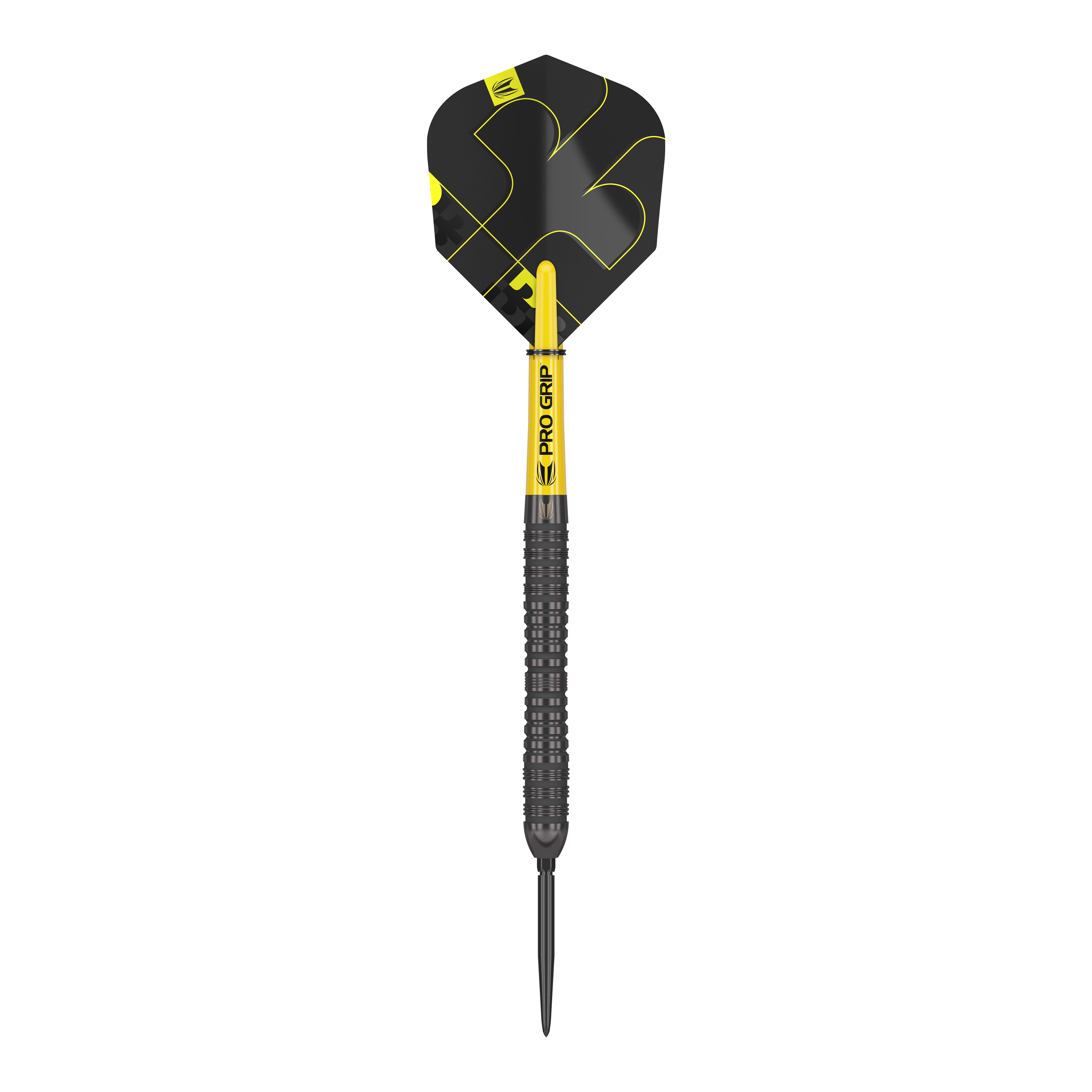 Dardos de acero Target Bolide Void 04 Swiss Point Auf dem Bild ist ein Target Bolide Void 04 Swiss Point Steeldart zu sehen. Der Dart ist schwarz mit gelben Akzenten gestaltet und hat eine gezackte Griffstruktur.