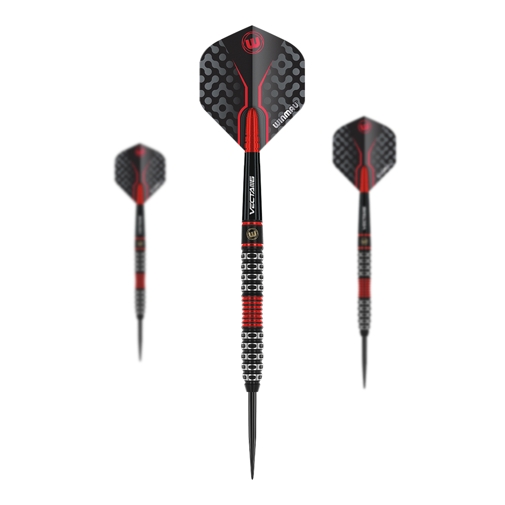 Winmau Joe Cullen Edición Especial Steeldarts Das Bild zeigt drei Steeldarts mit schwarzem und rotem Design. Sie haben auffällige Muster auf den Flights und einen speziellen, griffigen Schaft.