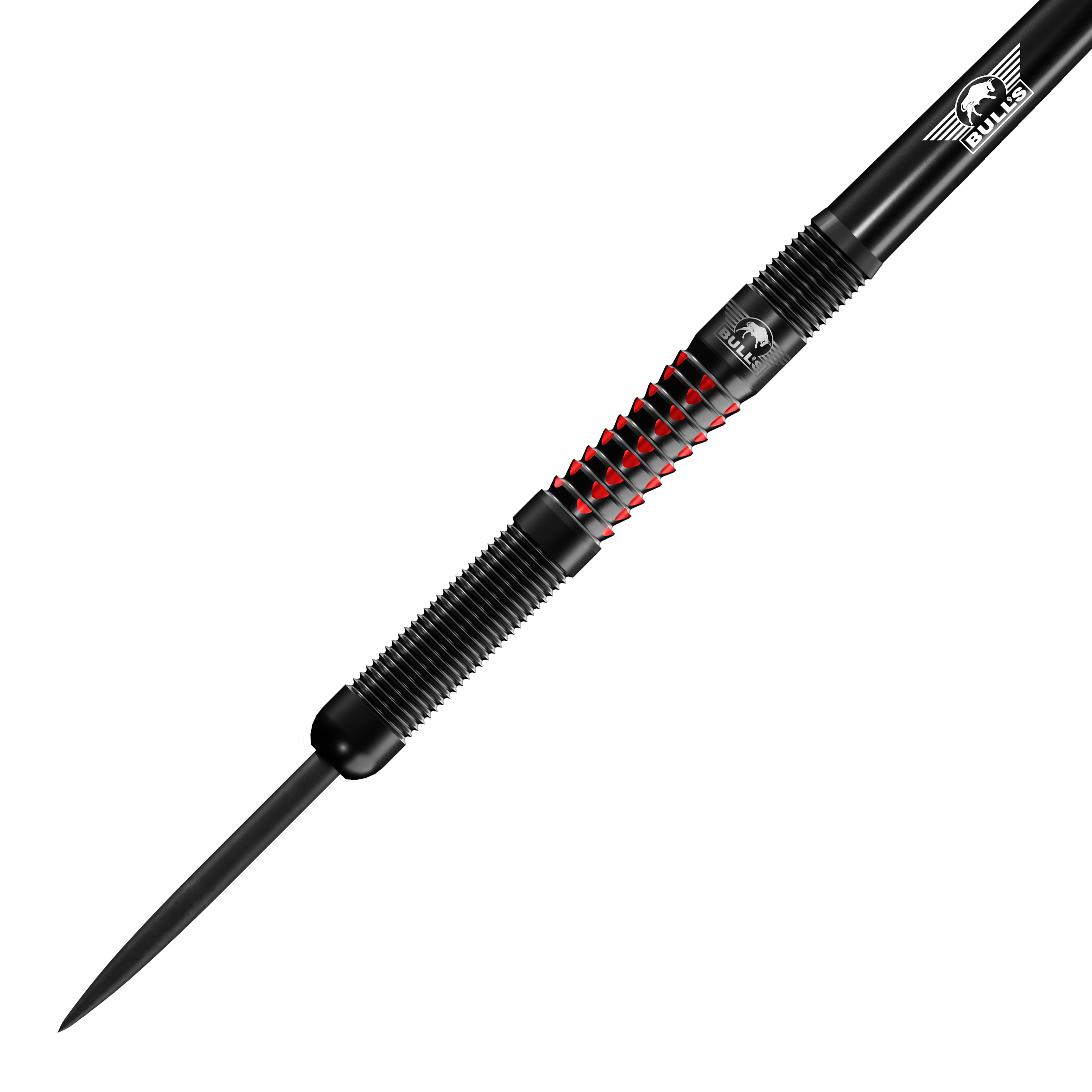 Dardos de acero Bulls NL Benjamin Pratnemer - 20 g Auf dem Bild ist der Bulls NL Benjamin Pratnemer Steeldart mit 20g Gewicht zu sehen. Der Dart hat ein schwarzes Design mit roten Akzenten und feinen Rillen für besseren Halt.