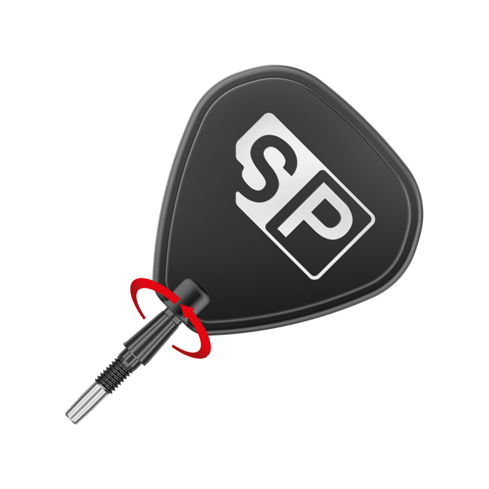 Puntas de dardos Target Swiss Point Storm Surge de acero - Negras Das Bild zeigt eine schwarze Steeldartspitze mit dem weißen Aufdruck "SP". Eine rote Pfeilmarkierung deutet darauf hin, dass die Spitze gedreht oder geschraubt werden kann.