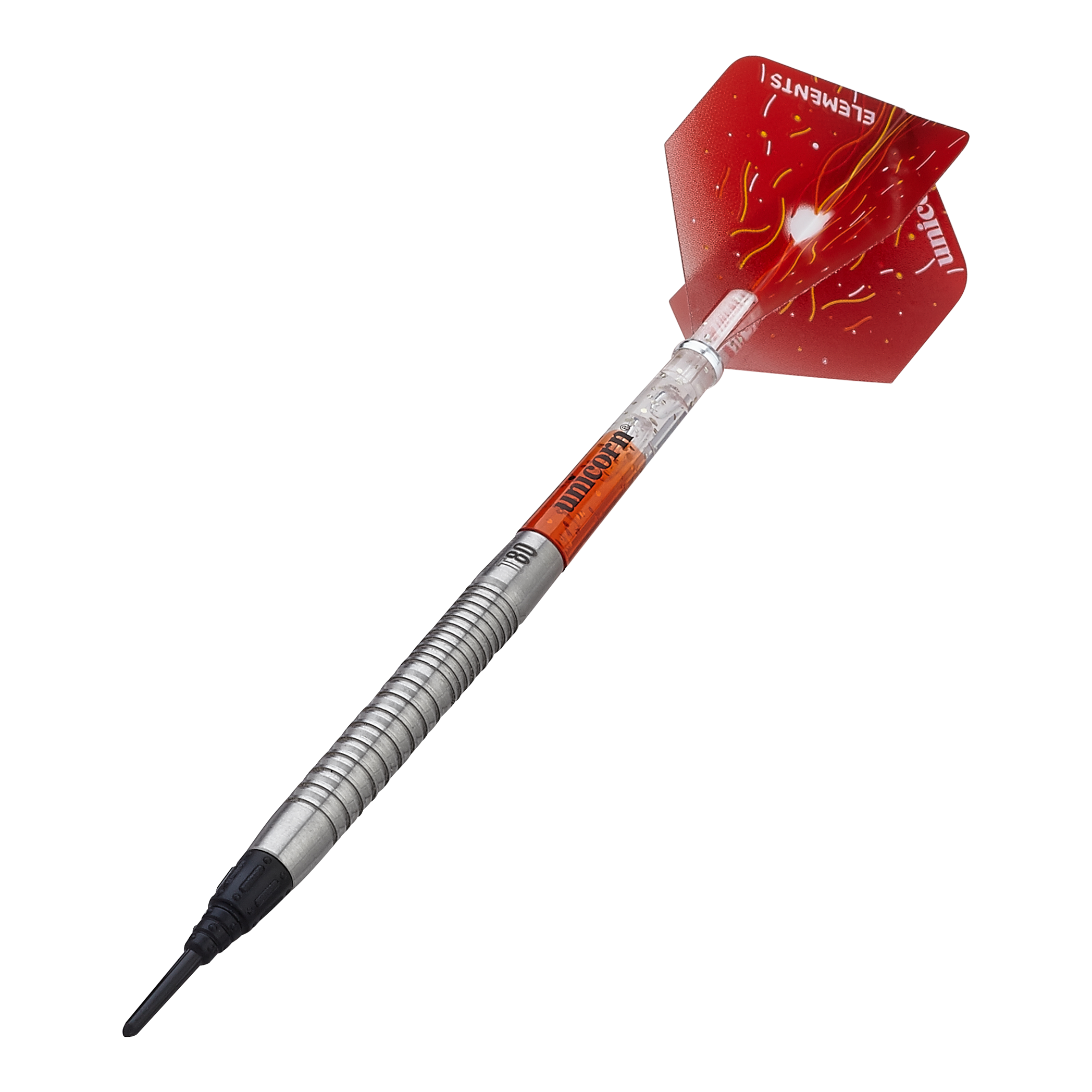 Dardos blandos Unicorn Core XL Striker Style 1 - 19 g Das Bild zeigt einen Unicorn Core XL Striker Style 1 Softdart mit 19g Gewicht. Der Dart hat eine silberne, geriffelte Spitze und rote Flights mit einem auffälligen Design.