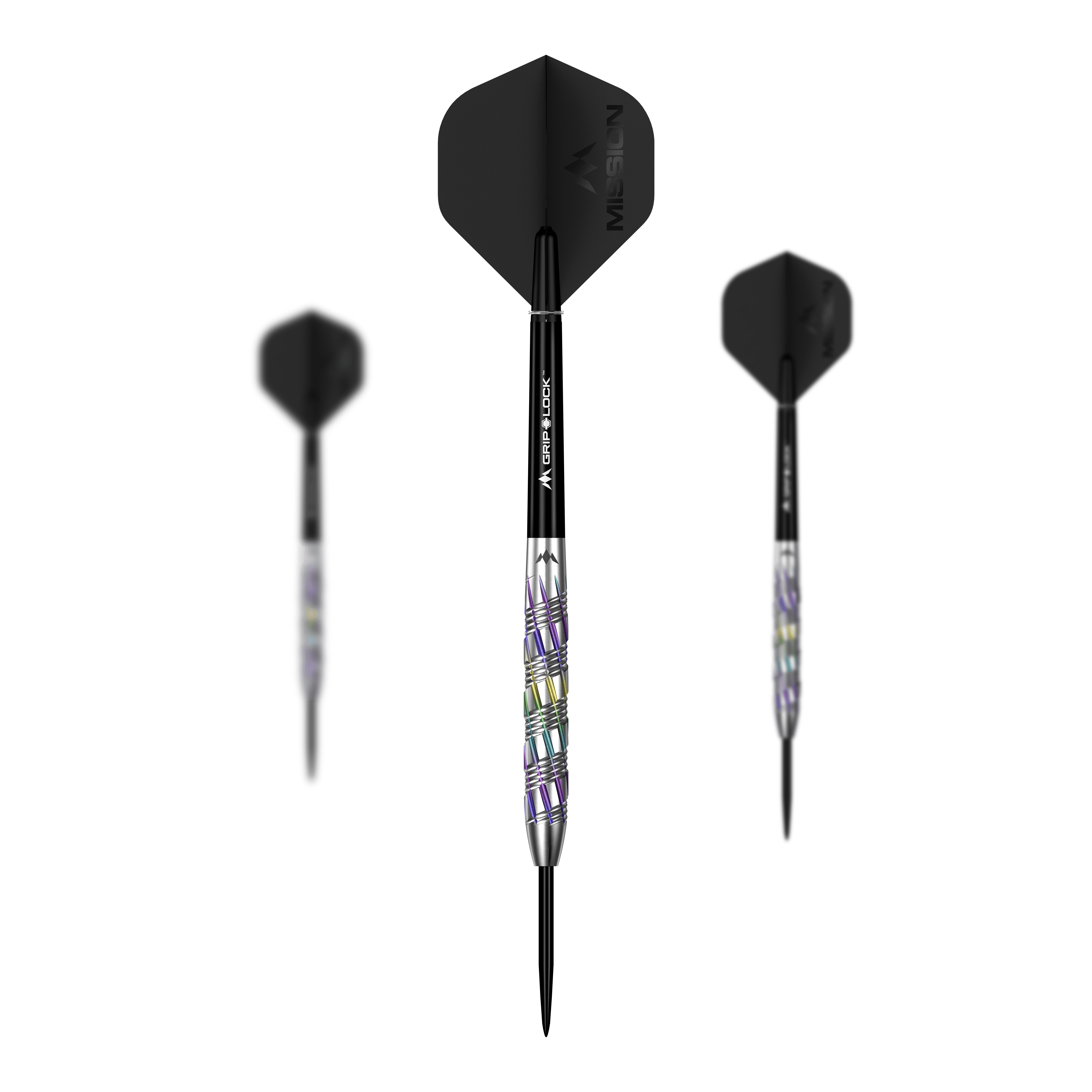 Dardos de acero Shuriken de Mission Mission Shuriken Steeldarts werden auch als Set angeboten. Auf diesem Bild ist ein komplettes Set der Mission Shuriken Steeldarts abgebildet.