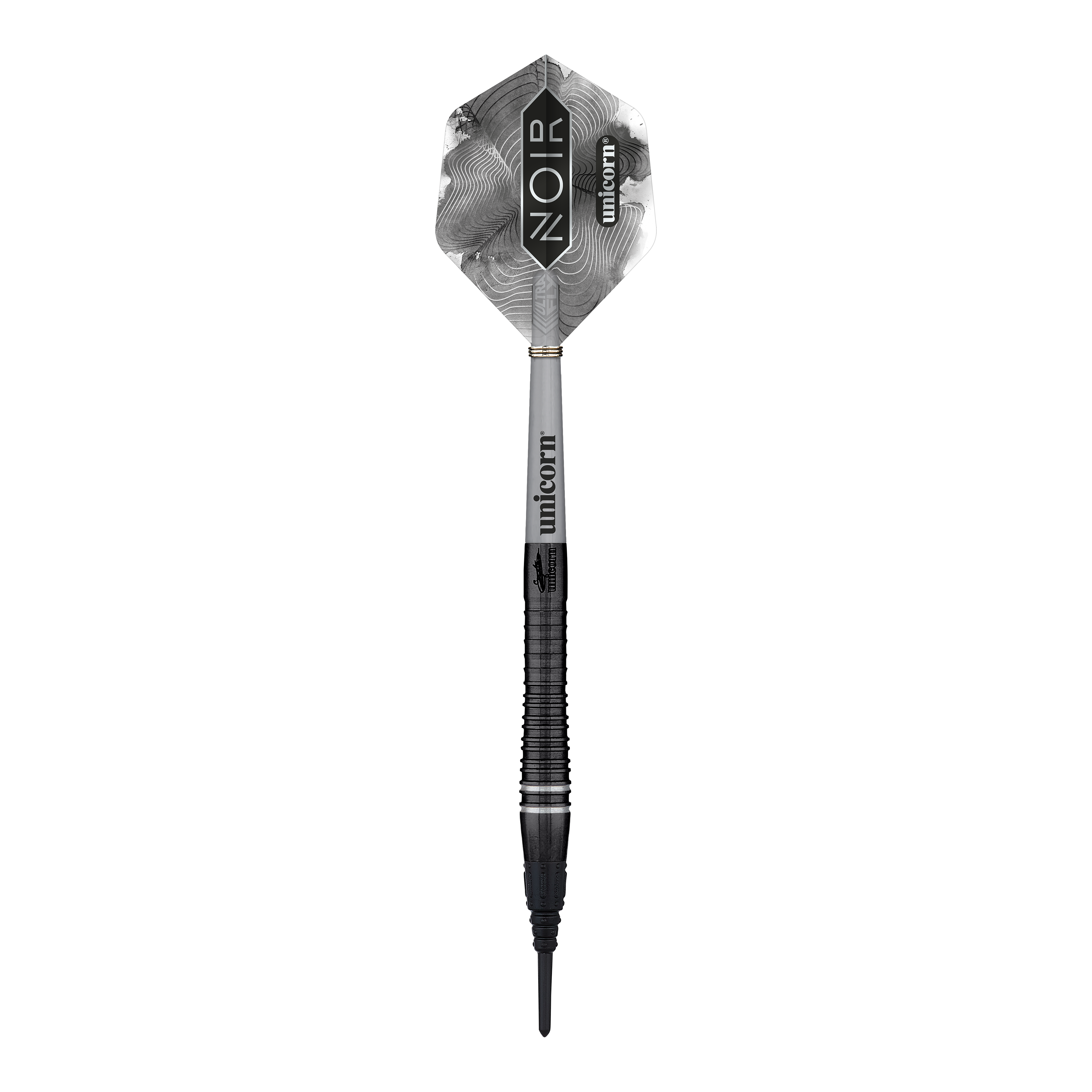 Dardos blandos Unicorn World Champion Gary Anderson Noir Phase 6 Das Bild zeigt einen Softdart aus der Produktreihe "Unicorn World Champion Gary Anderson Noir Phase 6". Der Dart hat ein schwarzes, elegantes Design mit der Aufschrift "Noir" und "Unicorn" auf dem Flight.