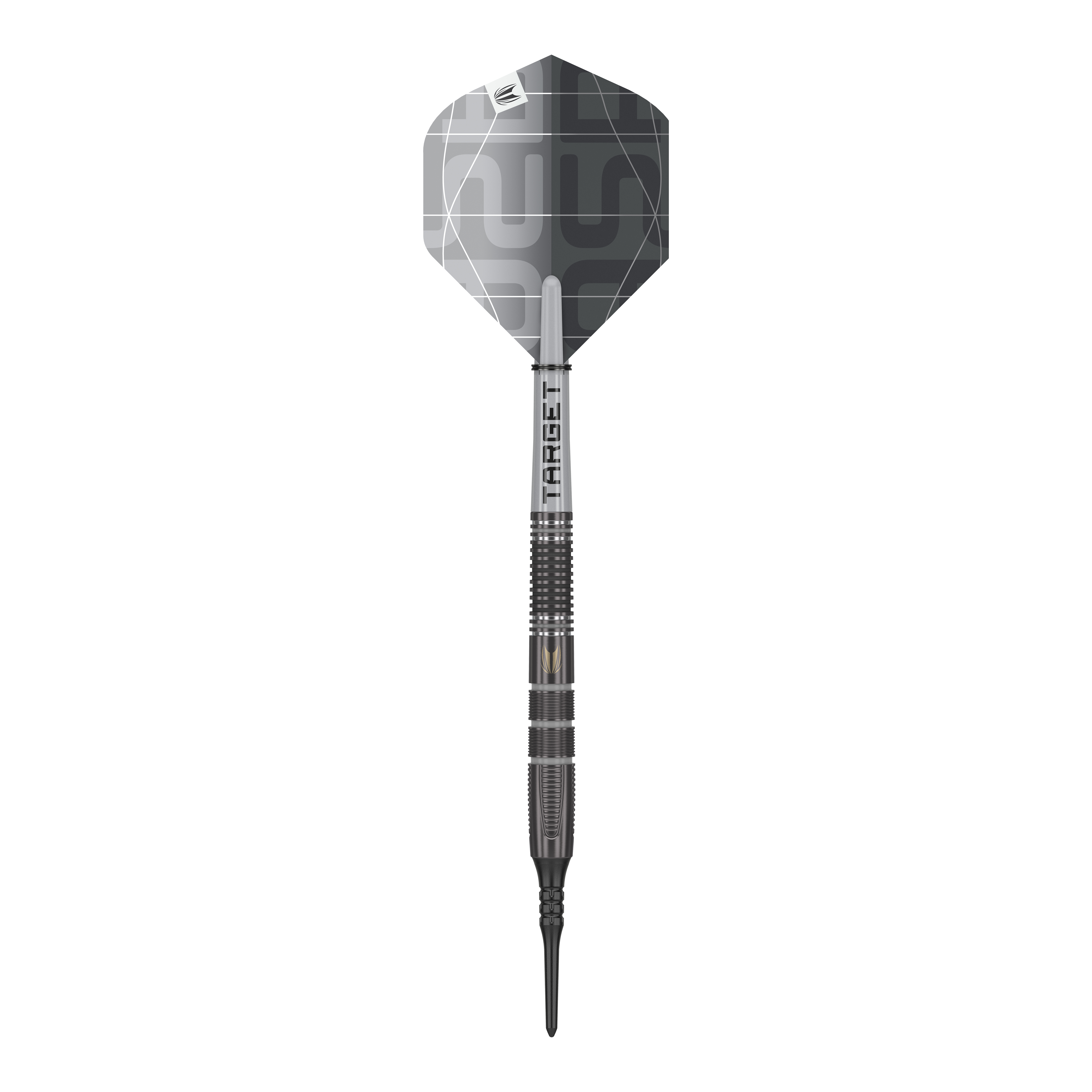 Dardos blandos Target Nathan Aspinall X Echo - 18 g Das Bild zeigt einen Target Nathan Aspinall X Echo Softdart mit einem Gewicht von 18g. Der Dartpfeil ist überwiegend in Silber und Schwarz gehalten und hat eine moderne, geometrische Flugfeder.