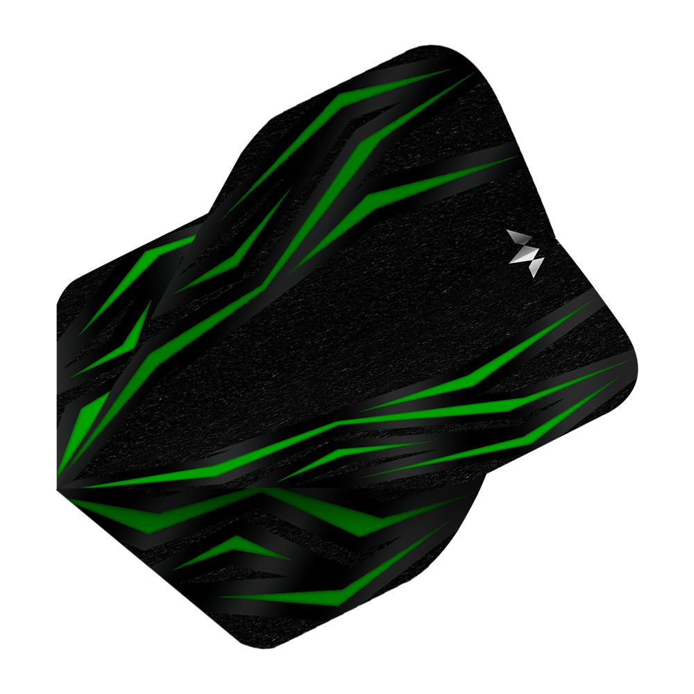 Misión Lava Verde N°2 Vuelos Estándar Das Bild zeigt das Produkt „Mission Lava Green No2 Standard Flights“. Es ist ein schwarzes Dart-Flight mit grünen, lavamusterartigen Linien.