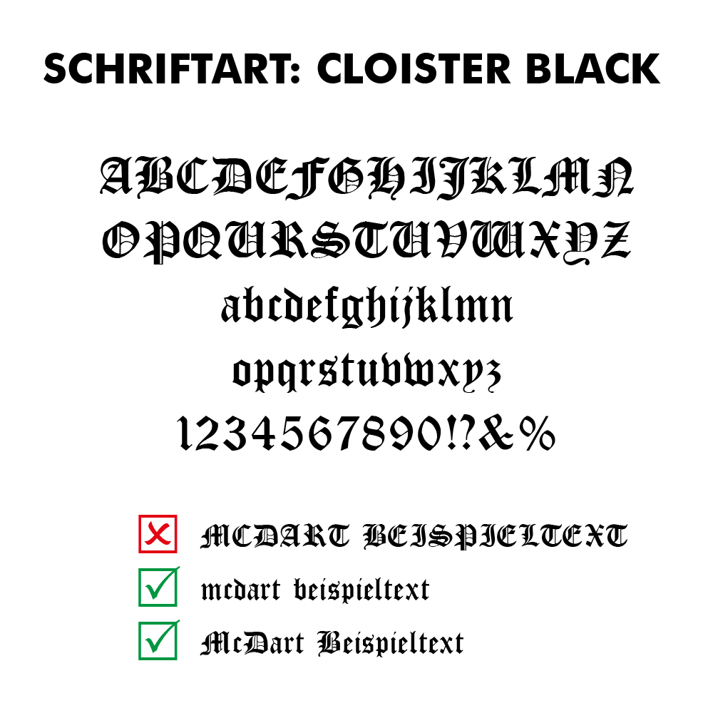 Flightdruck_Schriftart_Cloister_Blackopc4EVY6x4RB7 Das Bild zeigt die Schriftart "Cloister Black" mit Beispielbuchstaben und -zahlen. Unten werden richtige und falsche Schreibweisen für personalisierten Text angezeigt.