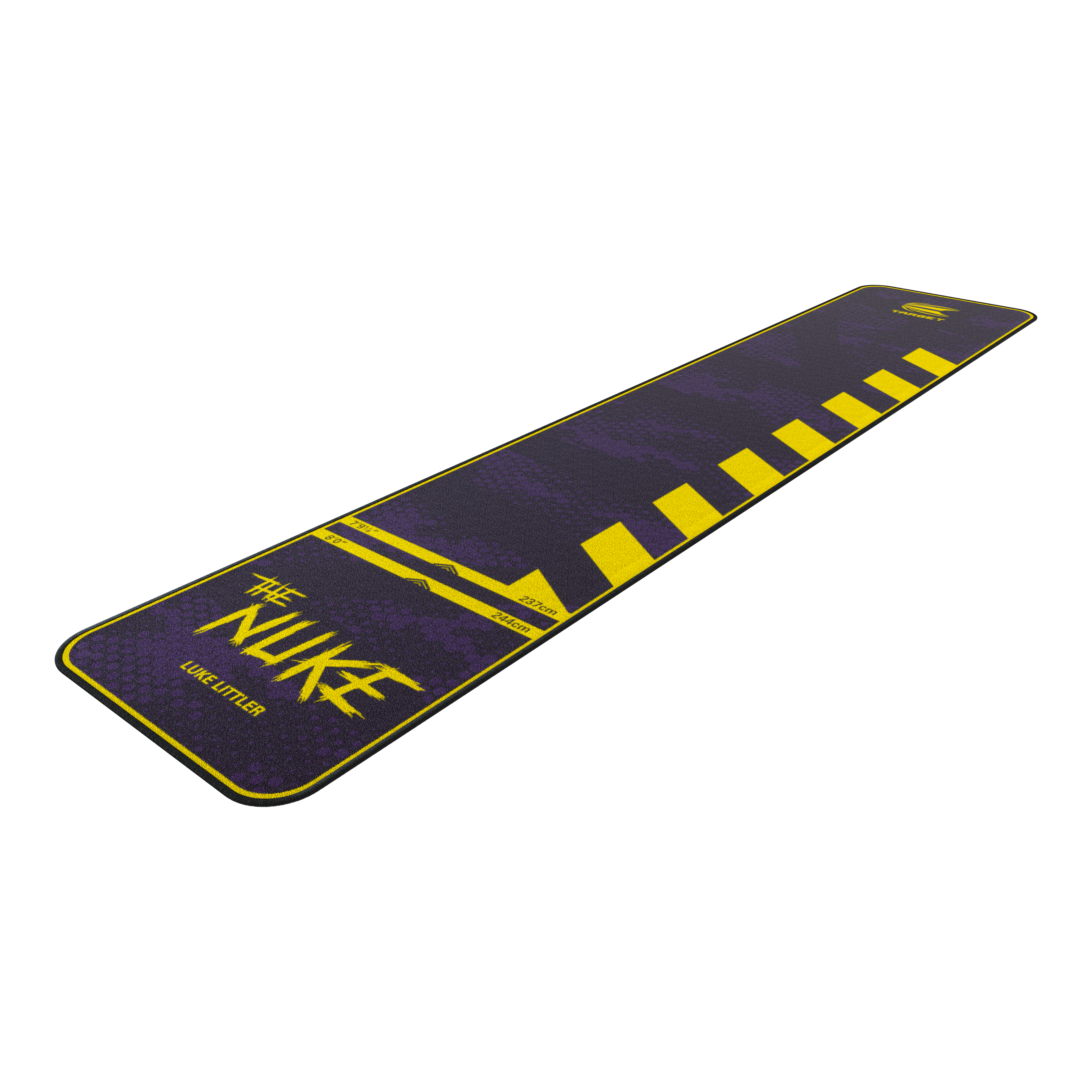 Target Luke Littler La alfombrilla de dardos Nuke Auf dem Bild ist der "Target Luke Littler The Nuke Dartteppich" zu sehen. Der Teppich ist überwiegend lila mit gelben Akzenten und Markierungen gestaltet.