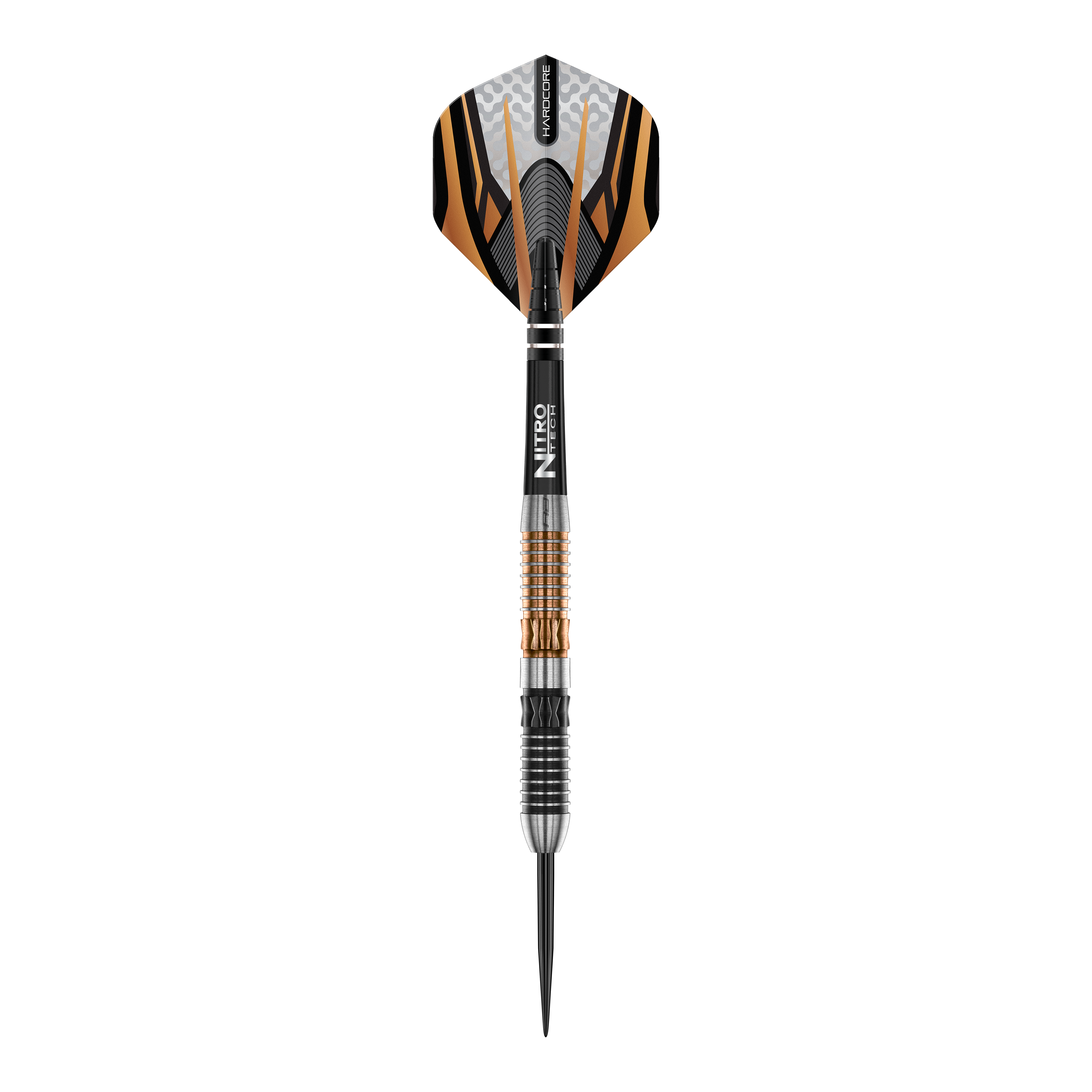 Dardos de acero Red Dragon Panterra Das Bild zeigt einen Red Dragon Panterra Steeldart mit auffälligem orange-schwarzem Design. Der Dart verfügt über eine strukturierte Griffzone und eine scharfe Metallspitze.