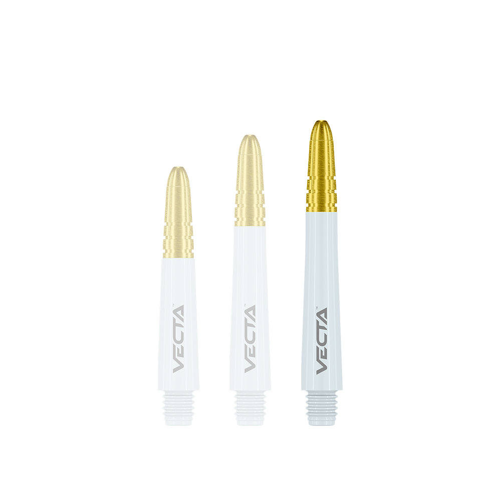 Winmau Vecta Shafts - Weiß Gold Auf dem Bild sind drei Dartshafts in Weiß und Gold zu sehen. Sie haben das Wort "VECTA" aufgedruckt und unterscheiden sich in der Länge.