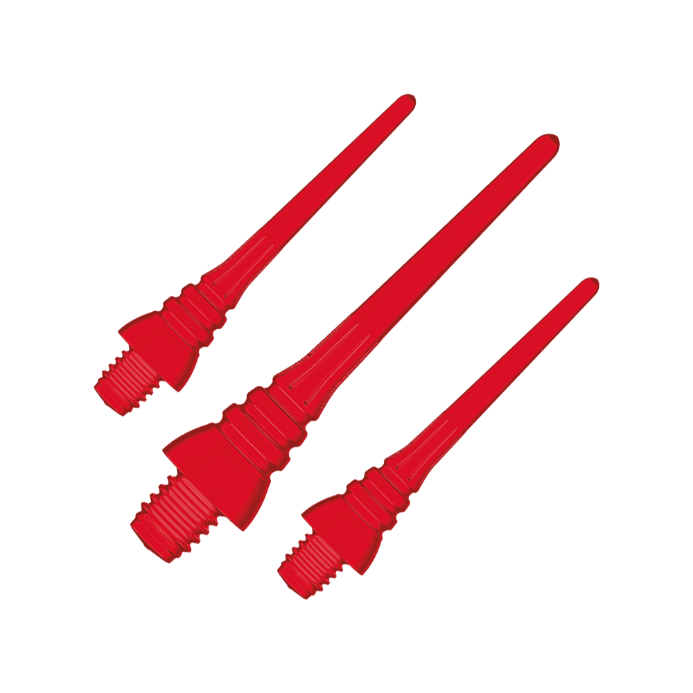 Winmau Triton Softtip Points Softdartspitzen (50-er Pack) Das Bild zeigt drei rote Softdartspitzen mit Gewinde. Sie sind nebeneinander angeordnet und vollständig sichtbar.