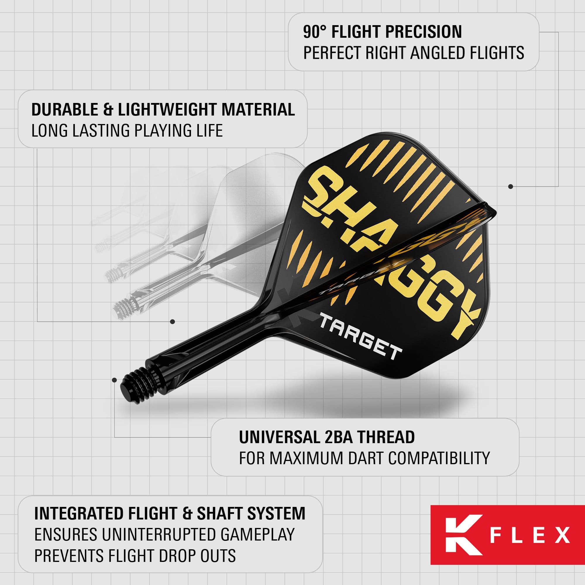 Sistema de eje de vuelo estándar Target K-Flex Scott Williams No2 Das Bild zeigt das Produkt „Target K-Flex Scott Williams No2 Standard Flights“ mit den wichtigsten Merkmalen. Es hebt die langlebigen Materialien, die präzise Flugausrichtung und das integrierte Flight- und Shaft-System hervor.
