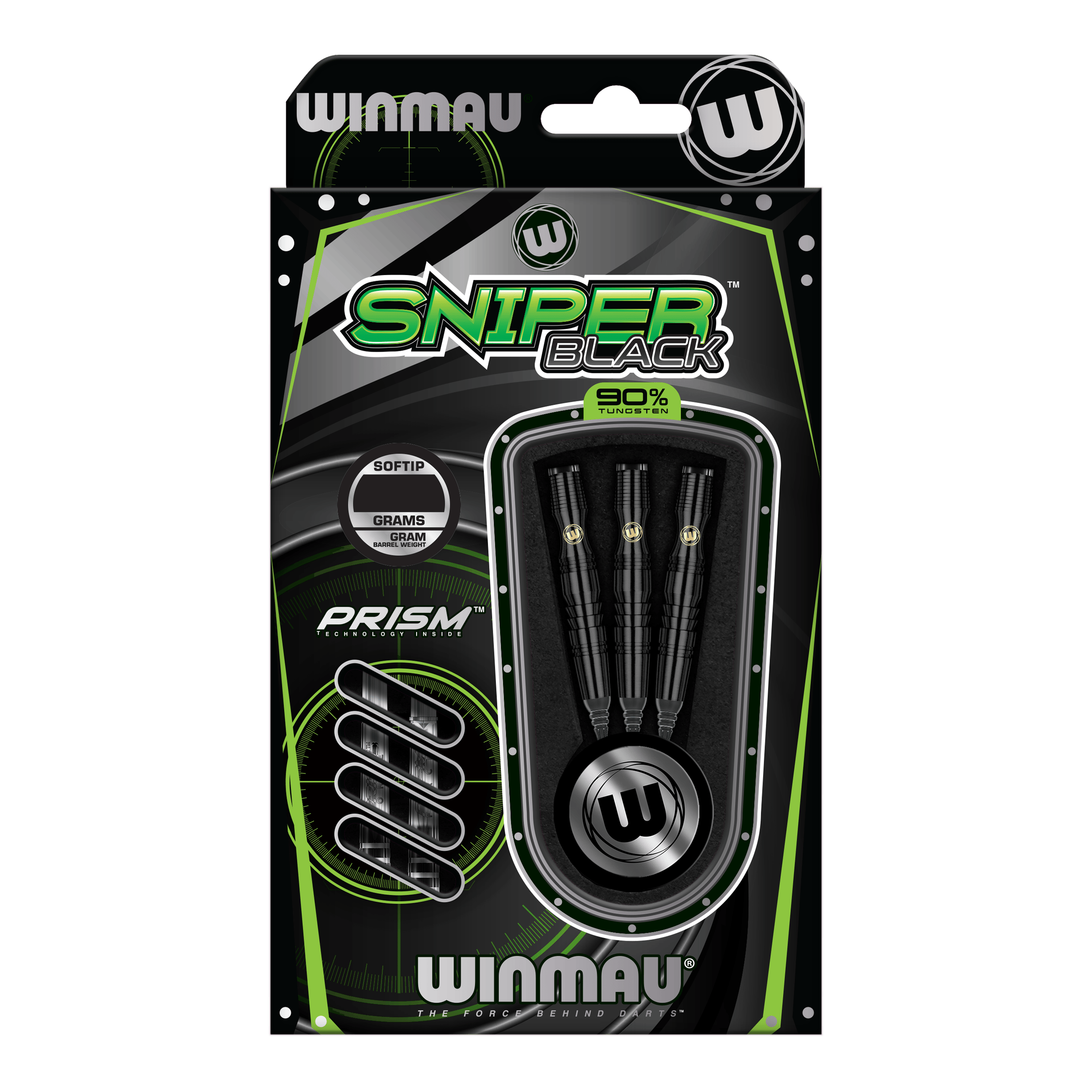 Dardos blandos Winmau Sniper Black - 20 g Die Abbildung zeigt die Winmau Sniper Black Softdarts mit einem Gewicht von 20g. Die Verpackung enthält drei schwarze Softdarts aus 90% Tungsten.