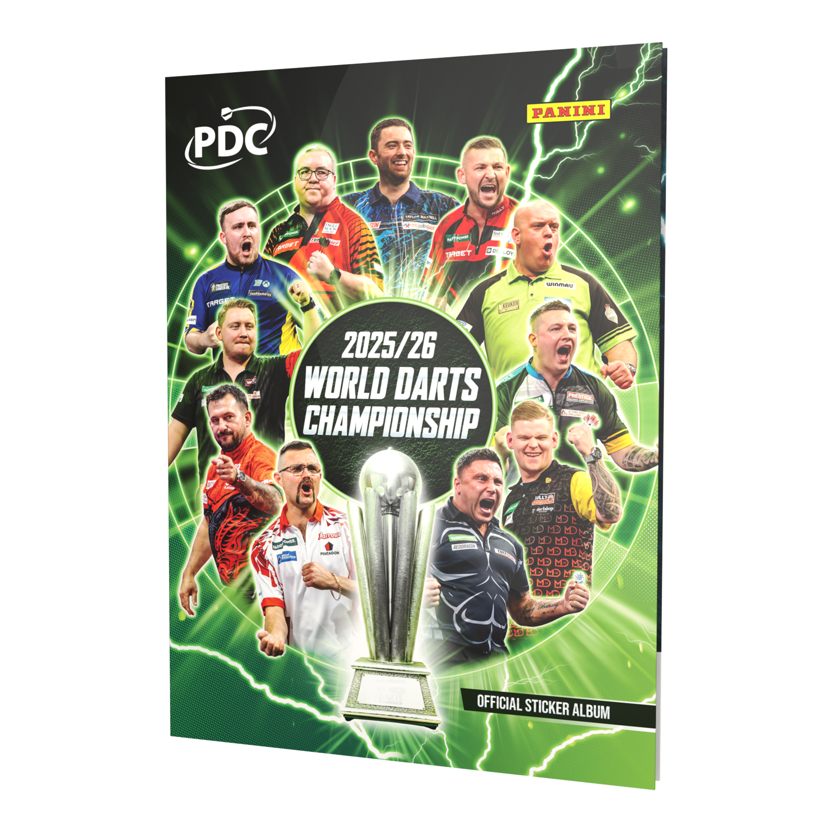 Abgebildet ist das Panini PDC World Darts Championship 2025/26 - Official Sticker Hardcover Sammelalbum. Dieses Sammelalbum bietet Platz für Sticker zur Darts-Weltmeisterschaft.