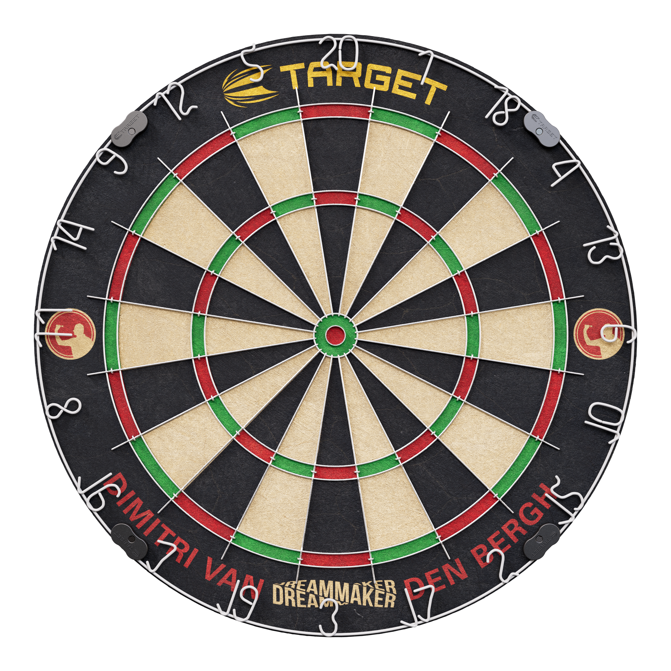Juego de dianas de acero Target Dimitri Van Den Bergh Das Bild zeigt eine Steeldartscheibe mit dem Namen "Target Dimitri Van Den Bergh Steeldartboard Set". Am unteren Rand steht der Schriftzug "Dimitri Van Den Bergh" und in der Mitte unten "Dreammaker".