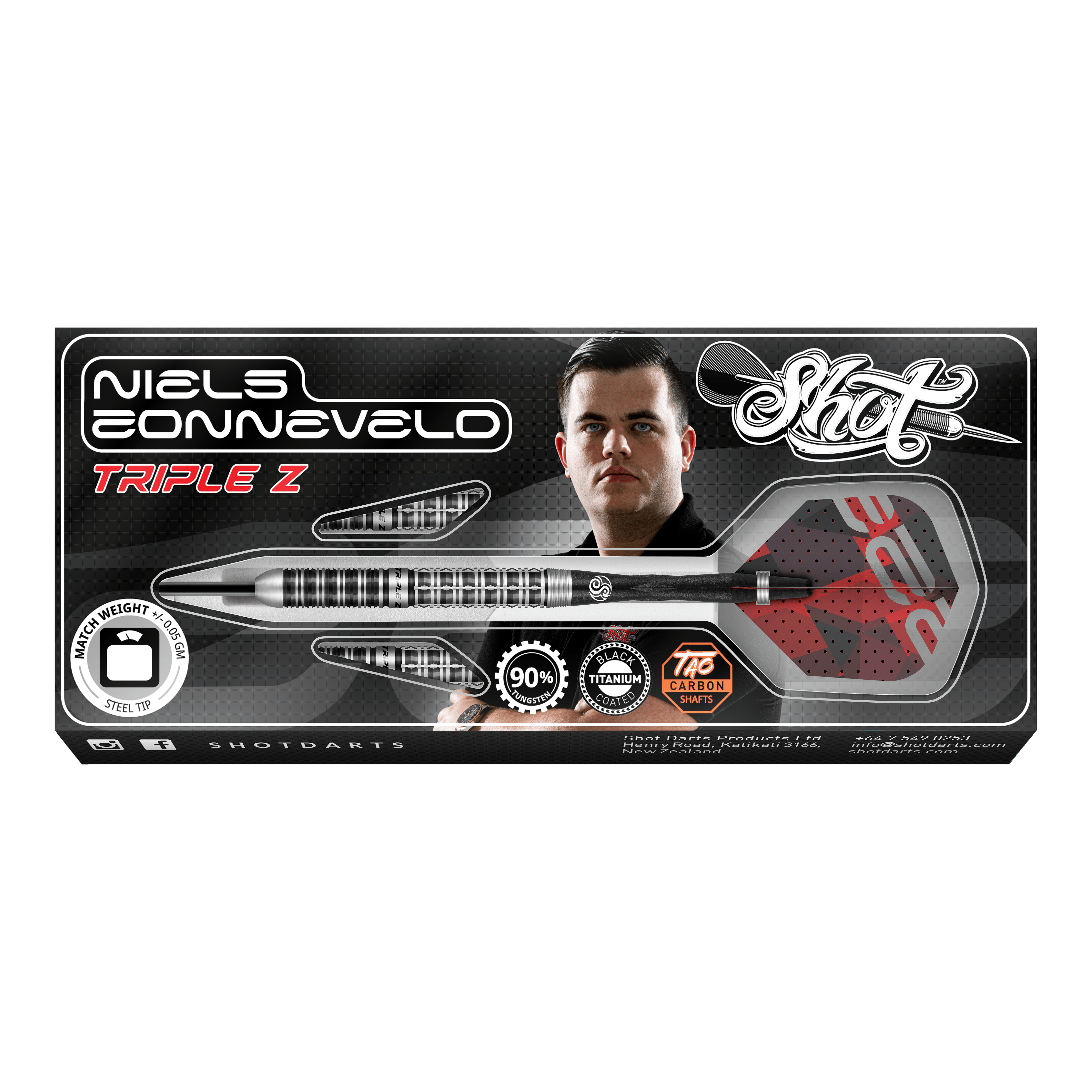Tiro de dardos de acero Niels Zonneveld V2 Auf dem Bild ist die Verpackung der "Shot Niels Zonneveld V2 Steeldarts" zu sehen. Die Verpackung zeigt einen Dartpfeil, das Logo und ein Porträt von Niels Zonneveld.