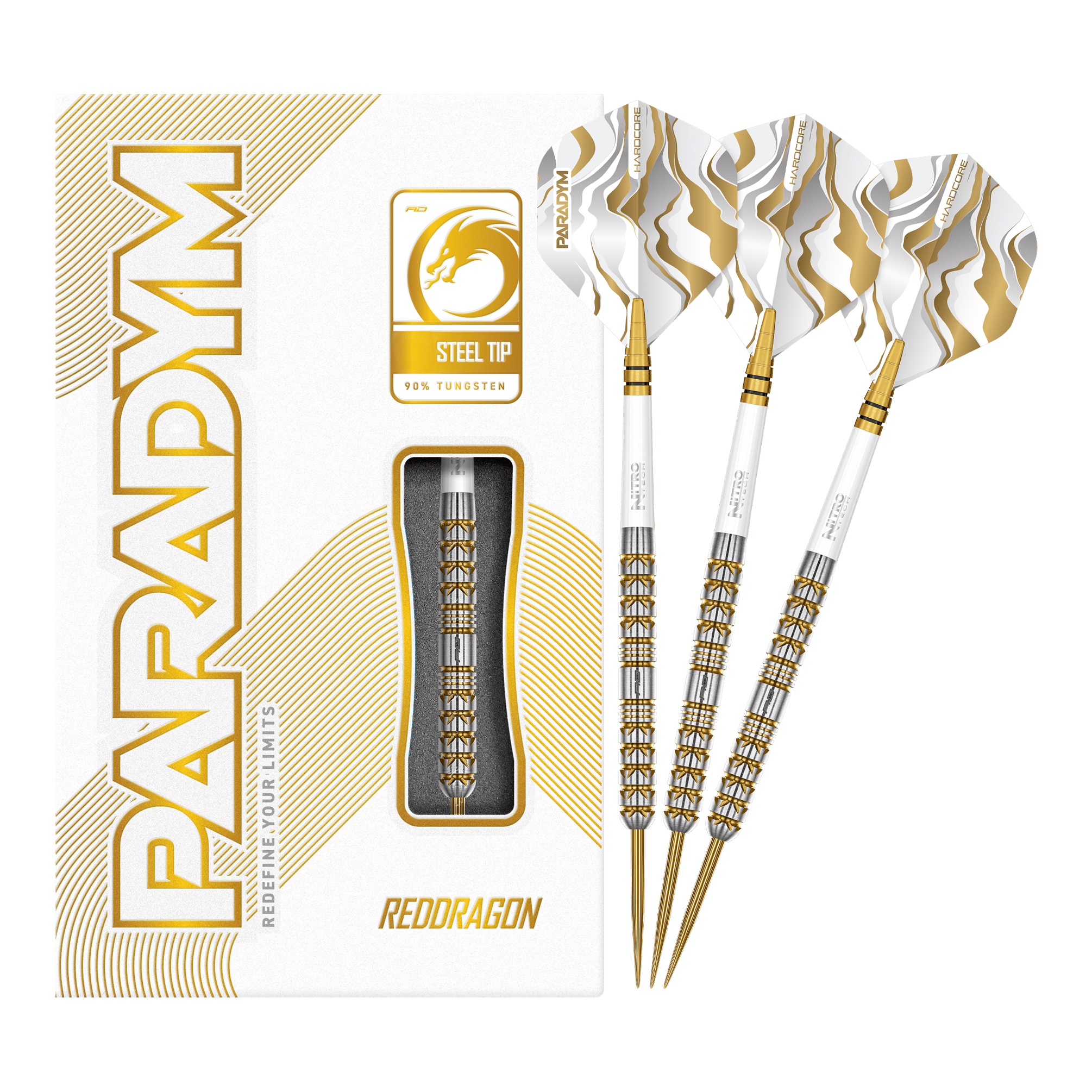 Dardos de acero paralelos Red Dragon Paradym Gold Abgebildet sind die Red Dragon Paradym Gold Parallel Steeldarts in voller Länge. Diese Steeldarts zeichnen sich durch ein geradliniges und glänzendes Design aus.