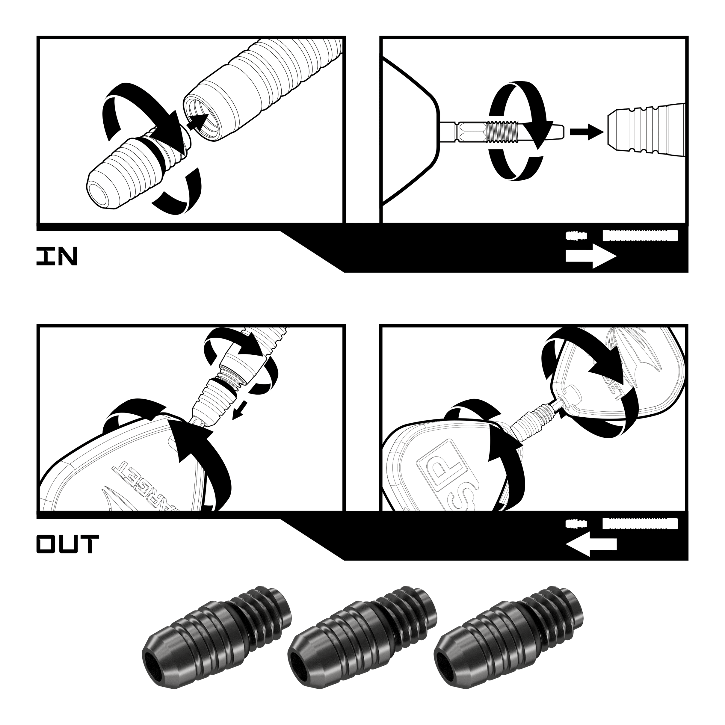 Convertidor Target Swiss Point 2BA - Negro Das Bild zeigt die Montage- und Demontageanleitung für den Target Swiss Point 2BA Converter - Schwarz. Unten im Bild sind drei der schwarzen Converter abgebildet.