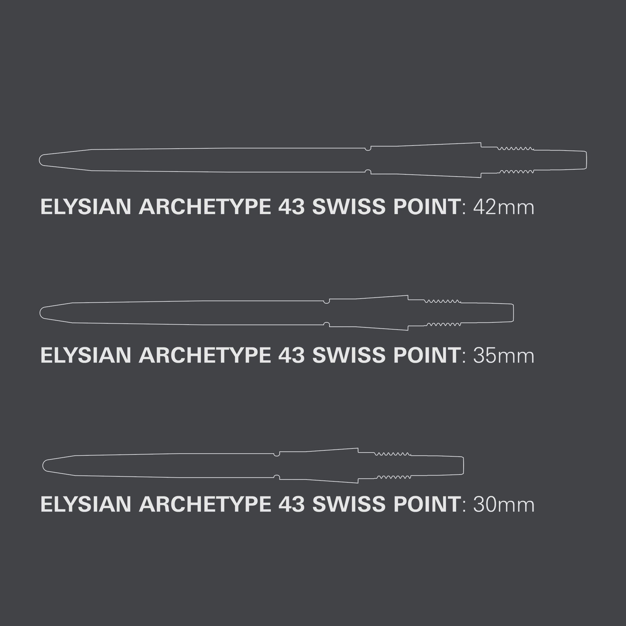 Puntas de dardo Target Elysian Archetype 43 Swiss Point de acero - Negras Das Bild zeigt die Target Elysian Archetype 43 Swiss Point Steeldartspitzen in Schwarz. Die Dartspitzen sind robust und für professionelle Spieler geeignet.