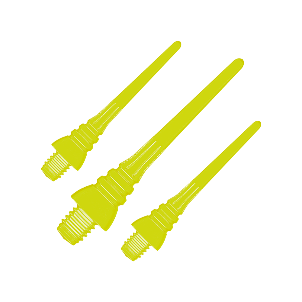 Winmau Triton Softtip Points Softdartspitzen (50-er Pack) Das Bild zeigt drei gelbe Softdartspitzen mit Schraubgewinde. Sie sind für den Einsatz in Softdarts geeignet.