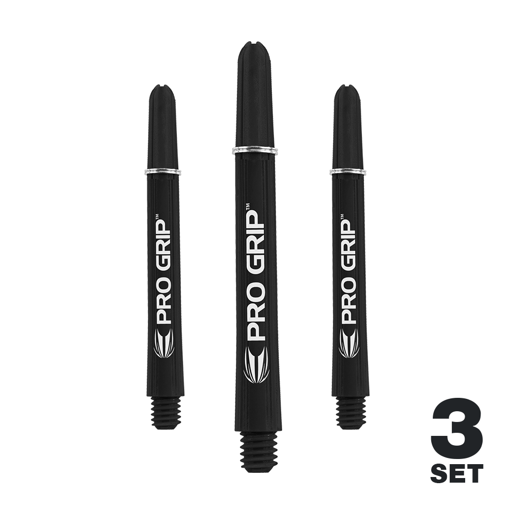 Varillas Target Pro Grip - 3 juegos - Color negro Das Bild zeigt drei schwarze Dartschäfte der Marke "Pro Grip". In der rechten unteren Ecke steht "3 Set".