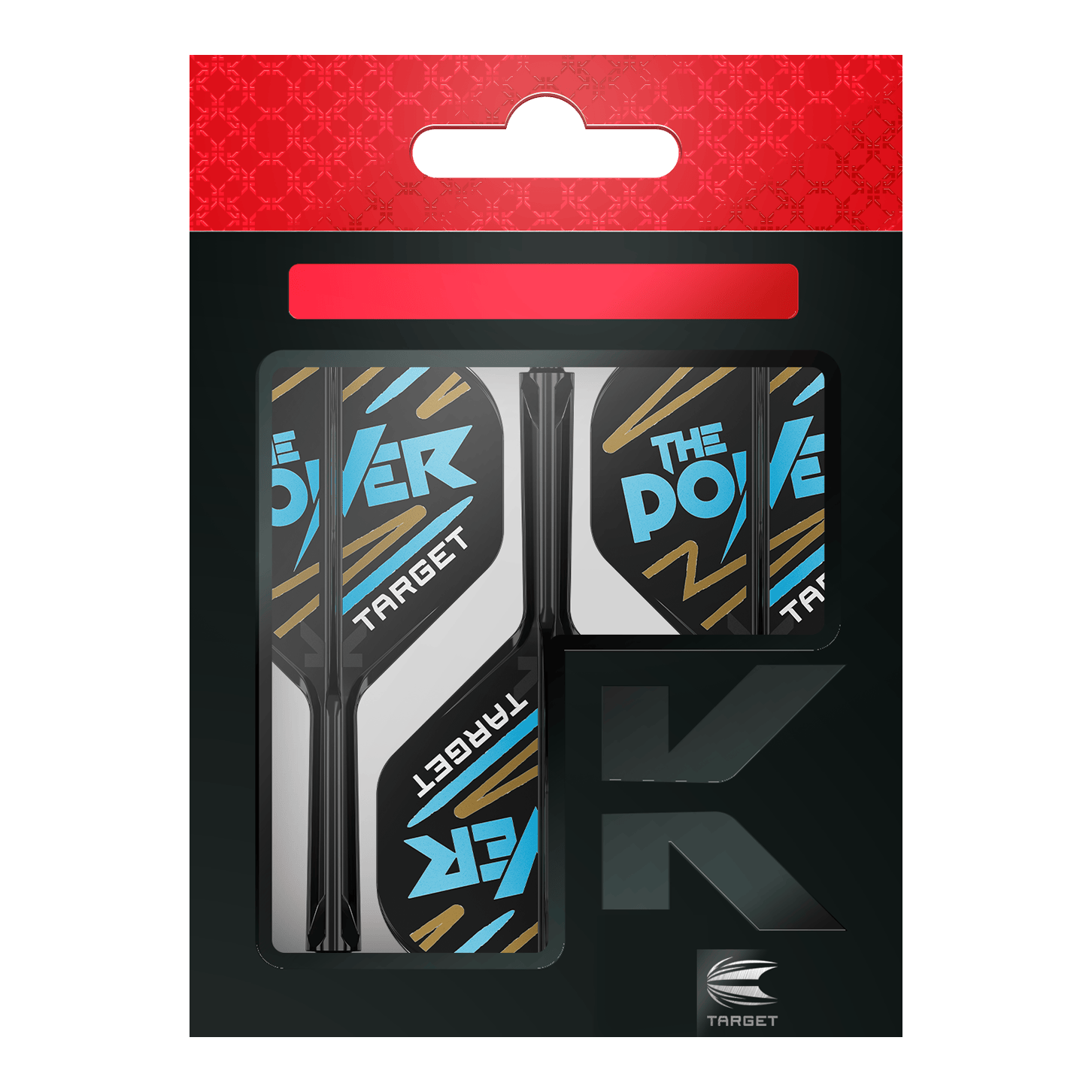 Sistema de varilla de vuelo estándar Target K-Flex Phil Taylor No.2 Das Bild zeigt eine Packung „Target K-Flex Phil Taylor No2 Standard Flights“. Die Flights sind überwiegend schwarz und weiß mit blauen und goldenen Akzenten und der Aufschrift „The Power“.