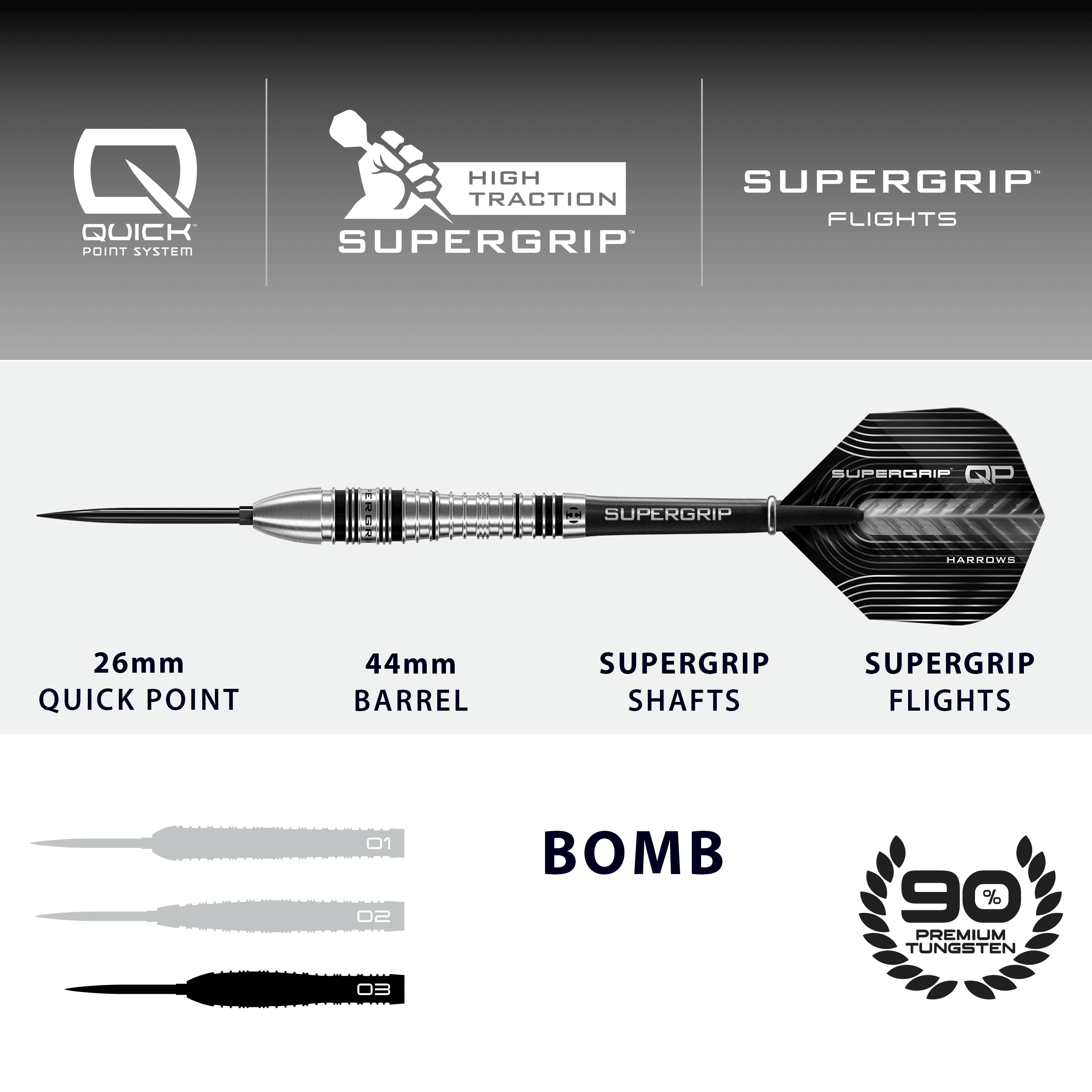 Dardos de acero Harrows Supergrip Bomb Quick Point Dies ist ein Bild der Harrows Supergrip Bomb Quick Point Steeldarts. Die Steeldarts zeichnen sich durch ihren besonders guten Grip aus.