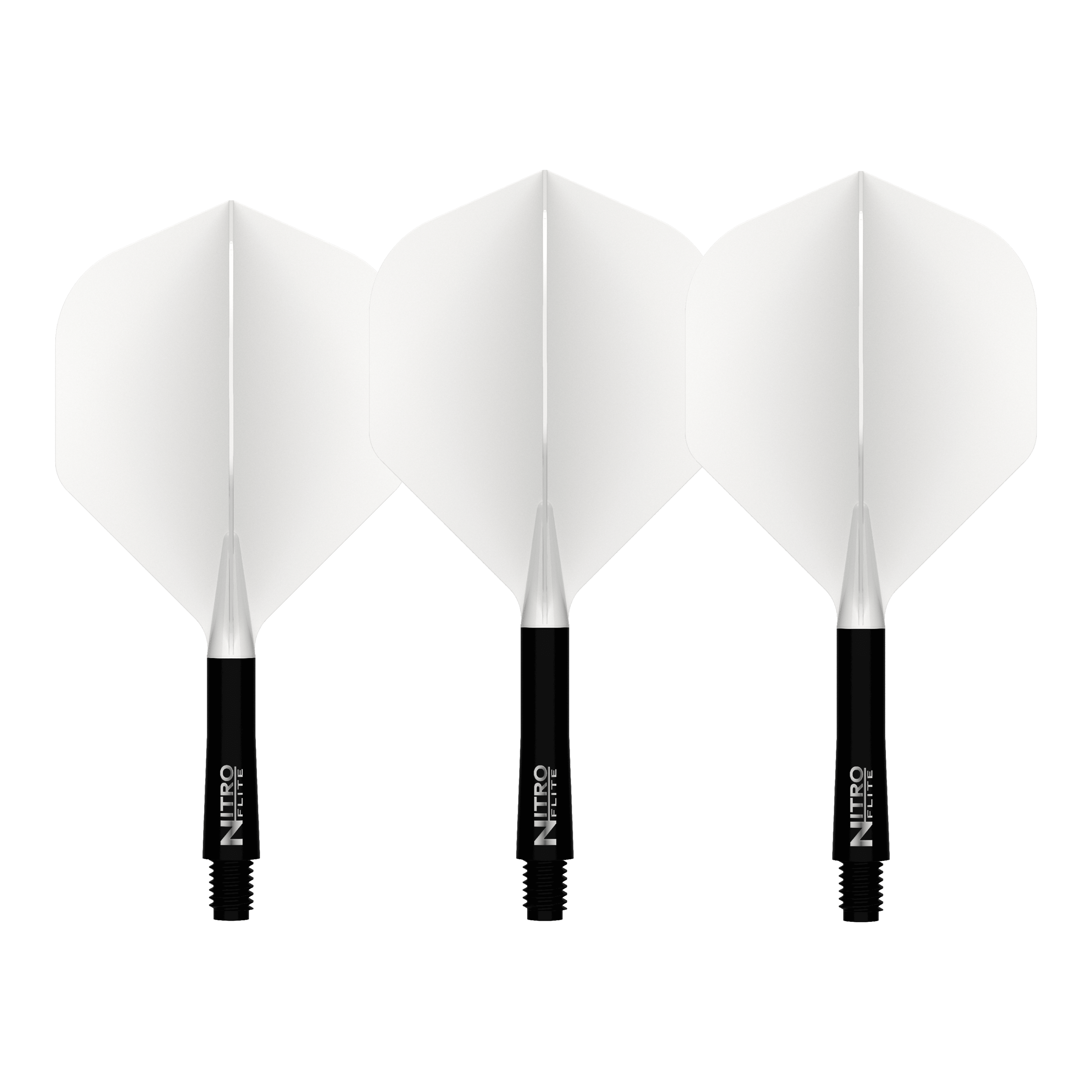 Red Dragon Nitroflite Eje negro Vuelos blancos No. 2 Abgebildet ist der Red Dragon Nitroflite Black Shaft White Flights No2. Es handelt sich um einen Dart-Schaft in Schwarz mit weißen Flights.