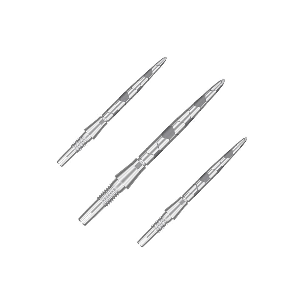 Puntas de dardos Target Swiss Storm Onyx Point - Plateadas Auf dem Bild sind drei silberne Dartspitzen zu sehen. Sie haben ein längliches, geriffeltes Design und sind aus Metall gefertigt.