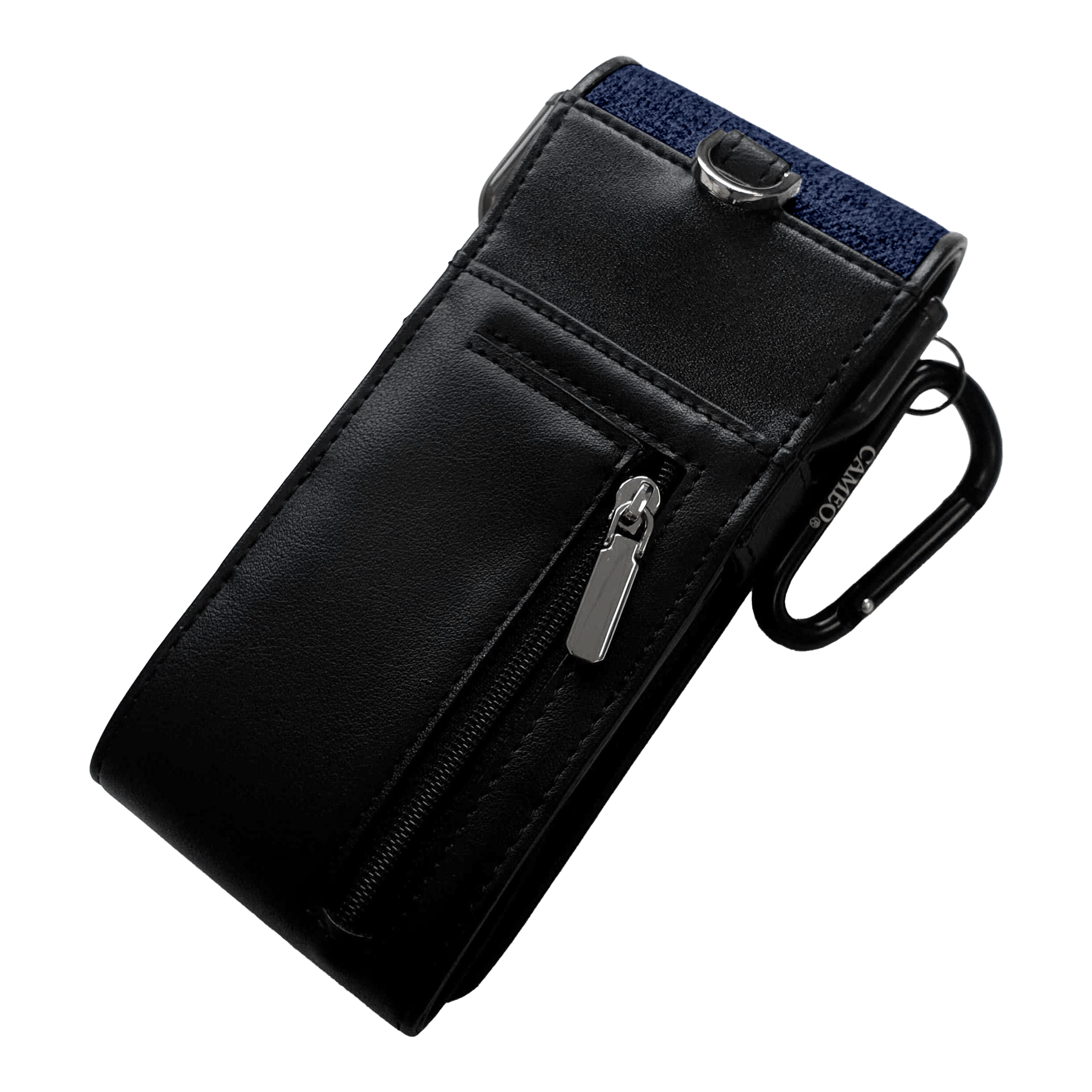 Estuche para dardos de hilo Cameo Dies ist ein elegantes Etui aus schwarzem Material mit einem Reißverschlussfach. Es hat einen Metallclip und einen Karabiner zur Befestigung.